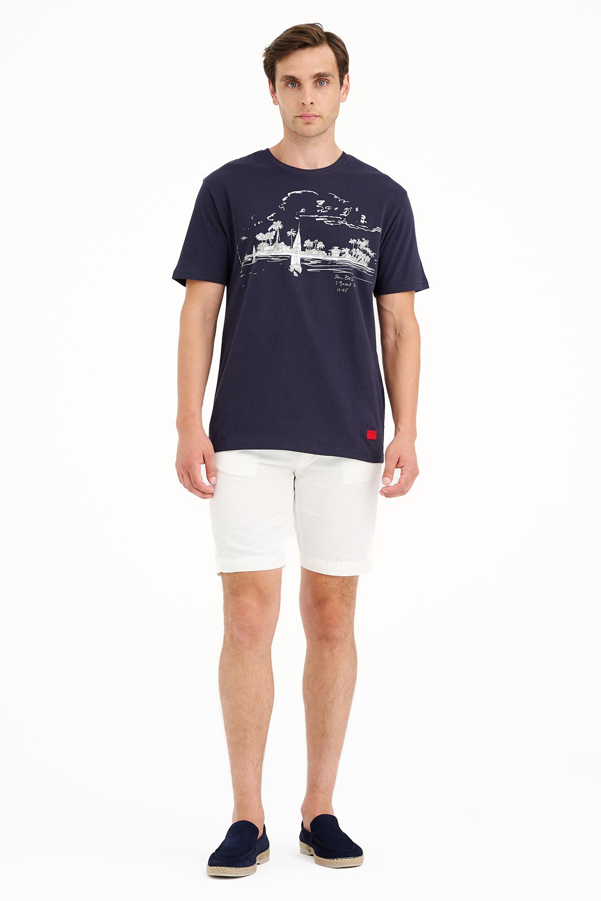 Erkek Lacivert St Blas Baskılı Bisiklet Yaka T-Shirt