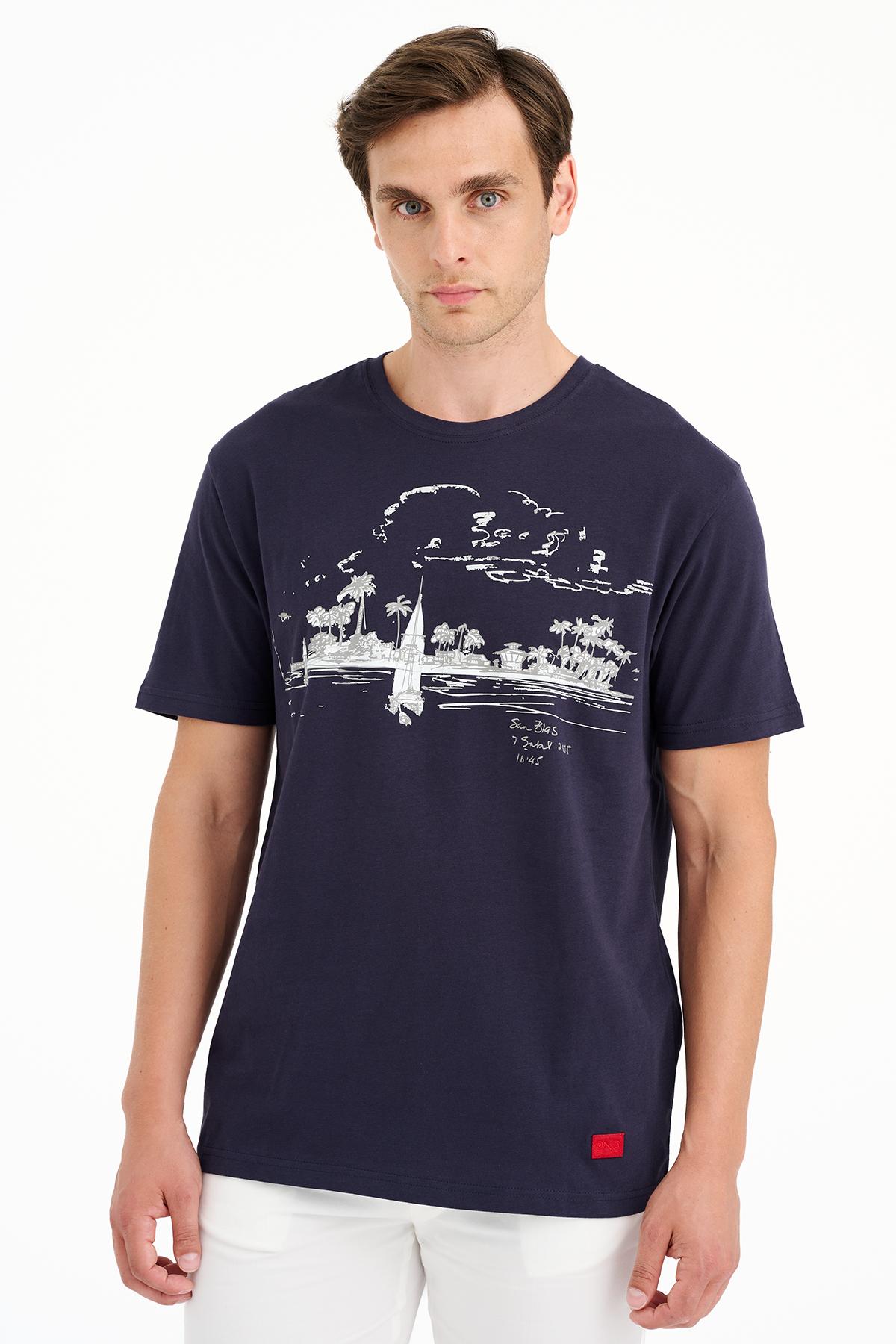 Erkek Lacivert St Blas Baskılı Bisiklet Yaka T-Shirt