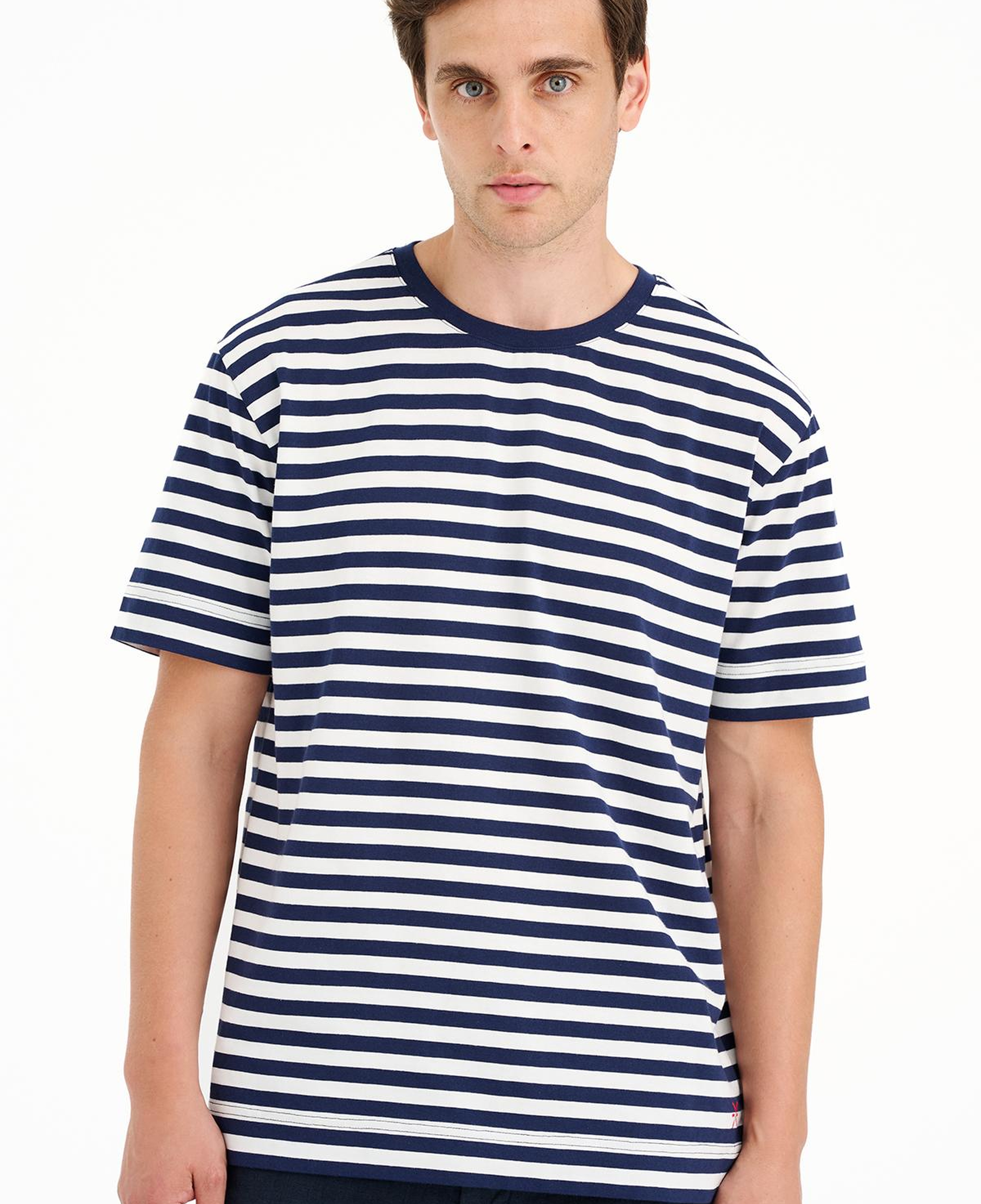 Erkek Lacivert Çizgili Bisiklet Yaka T-Shirt
