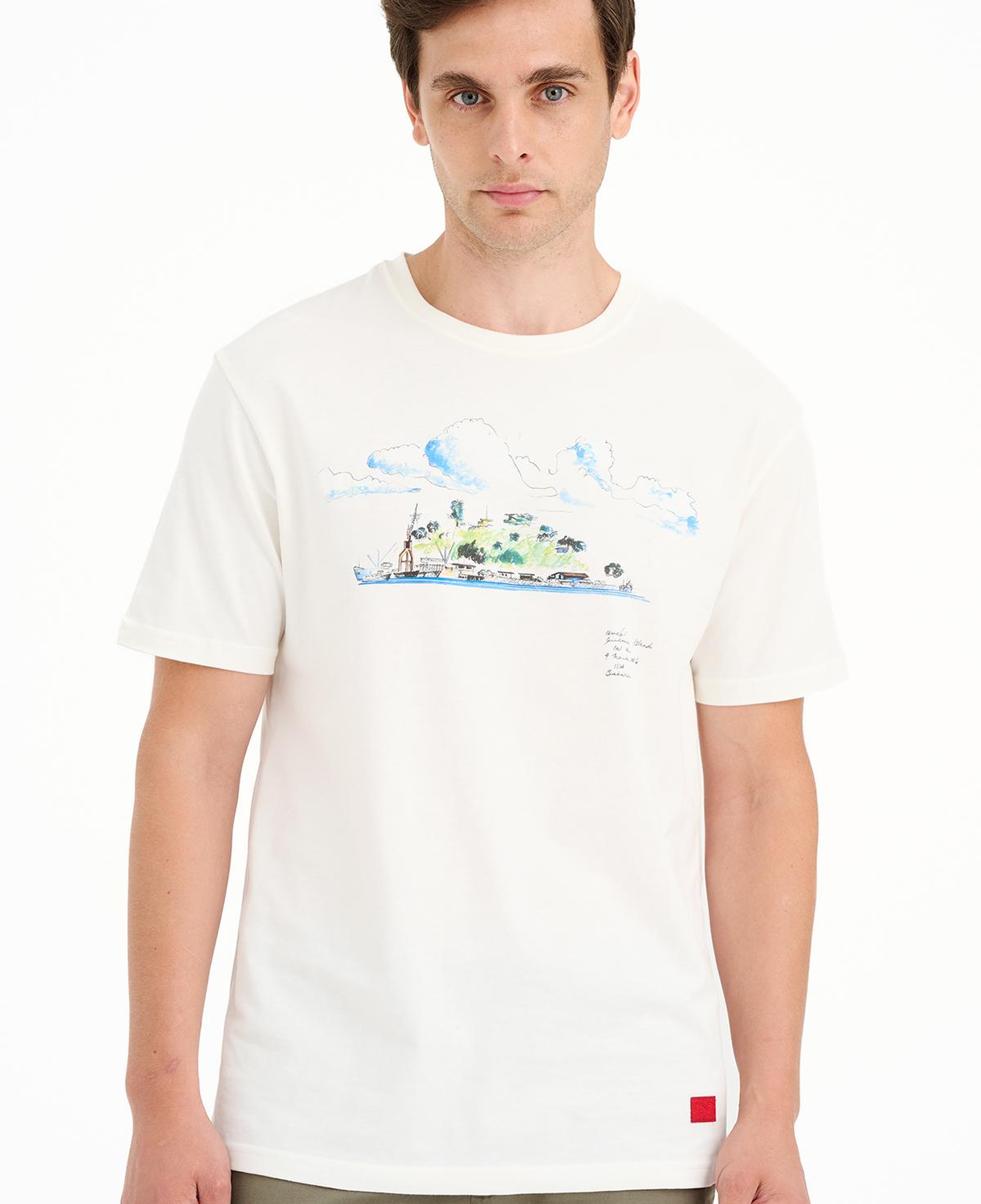 Erkek Beyaz Ada Baskılı Bisiklet Yaka T-Shirt