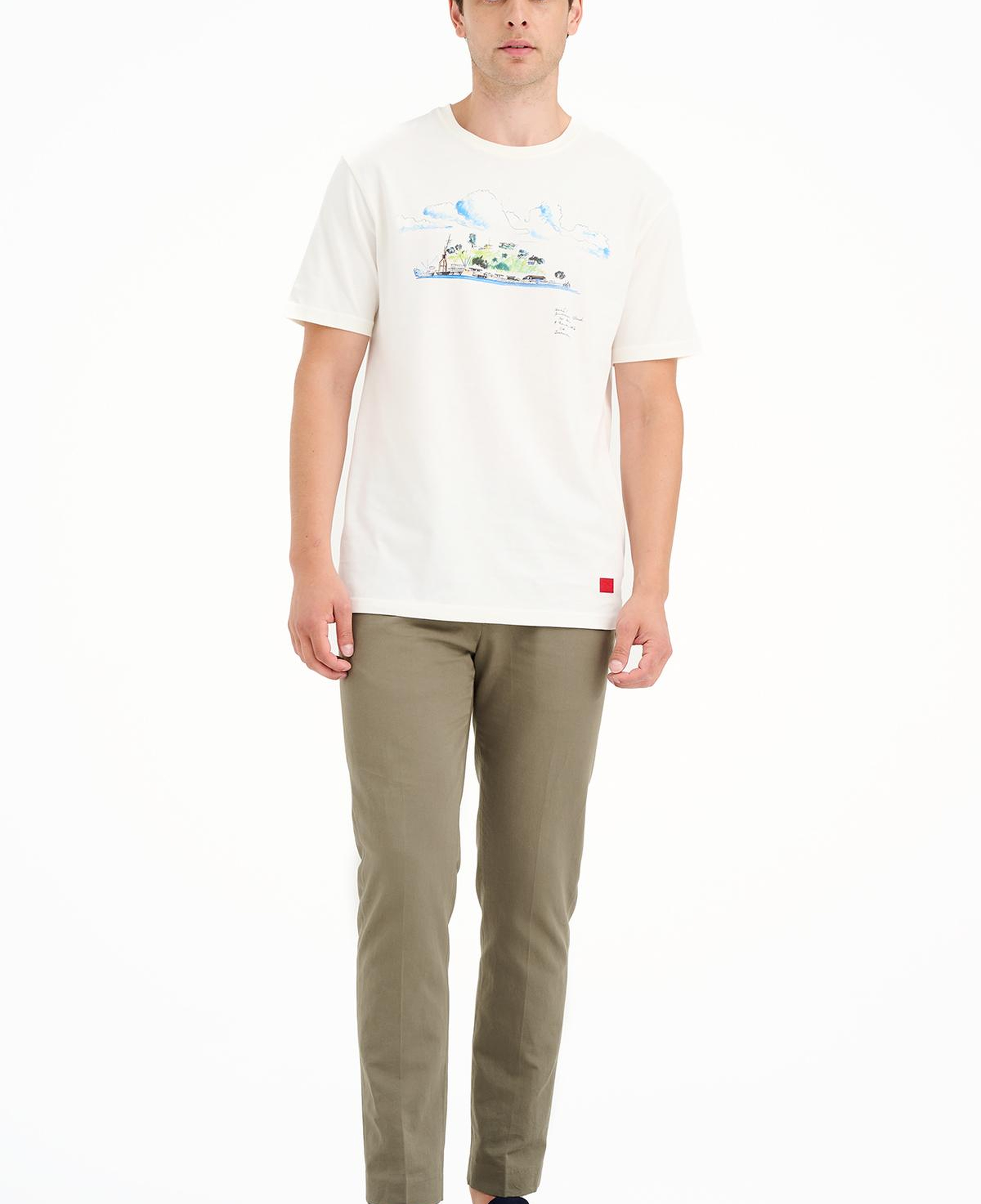 Erkek Beyaz Ada Baskılı Bisiklet Yaka T-Shirt