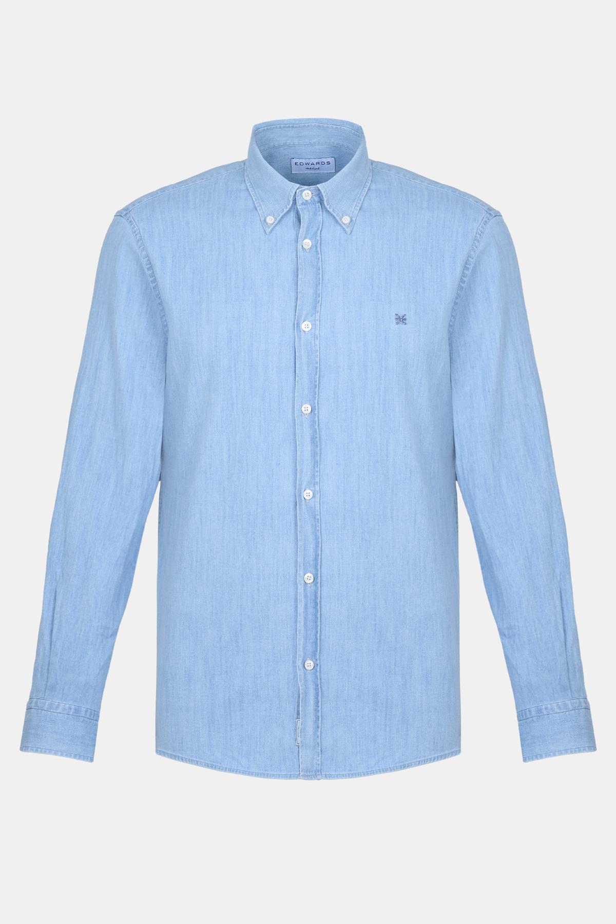 Erkek Mavi Düğmeli Yaka Denim Gömlek