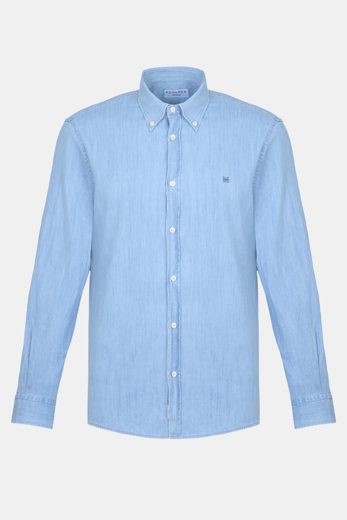 Erkek Mavi Düğmeli Yaka Denim Gömlek