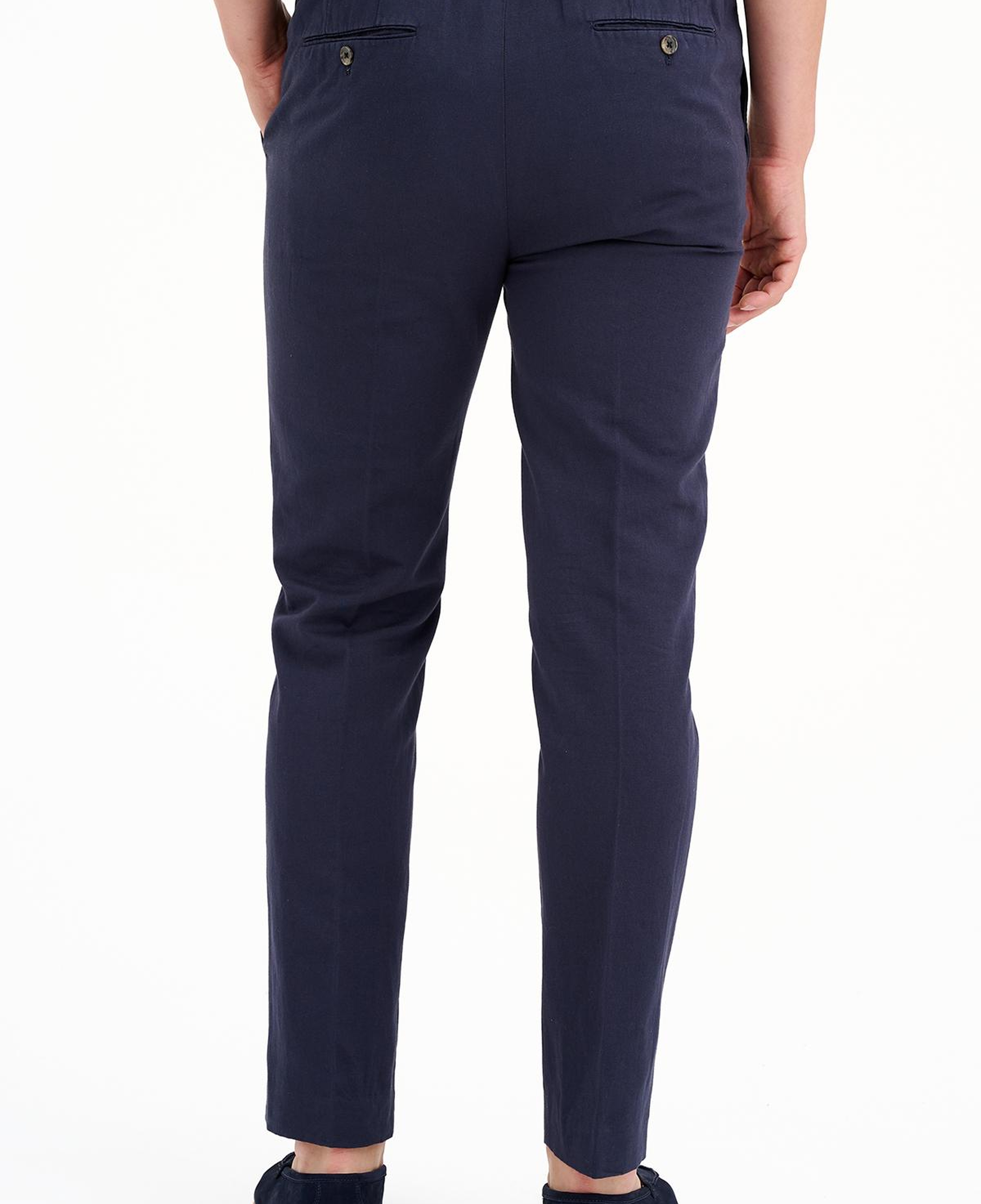Erkek Lacivert Beli Kordonlu Keten Karışımlı Pantolon