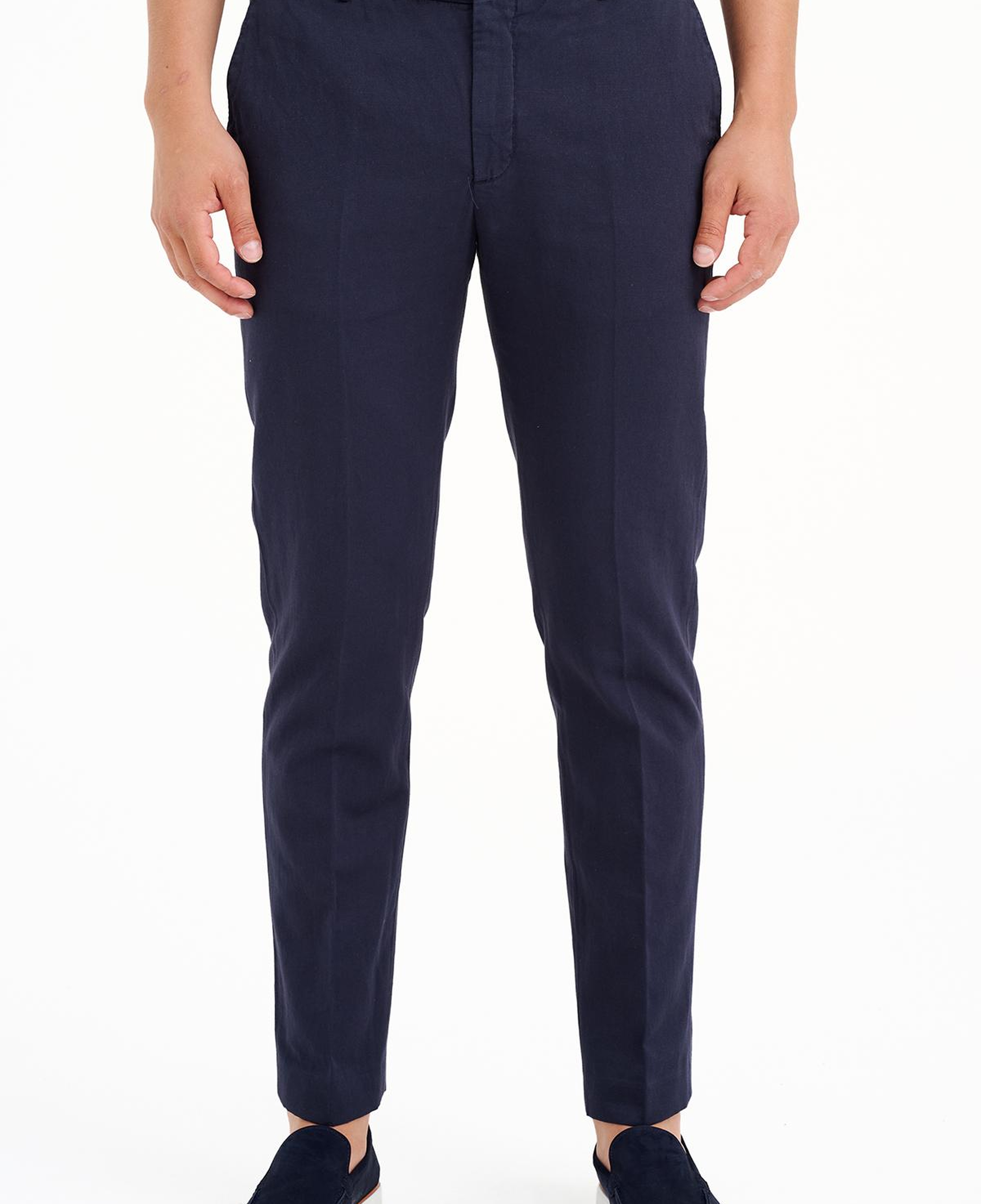 Erkek Lacivert Beli Kordonlu Keten Karışımlı Pantolon