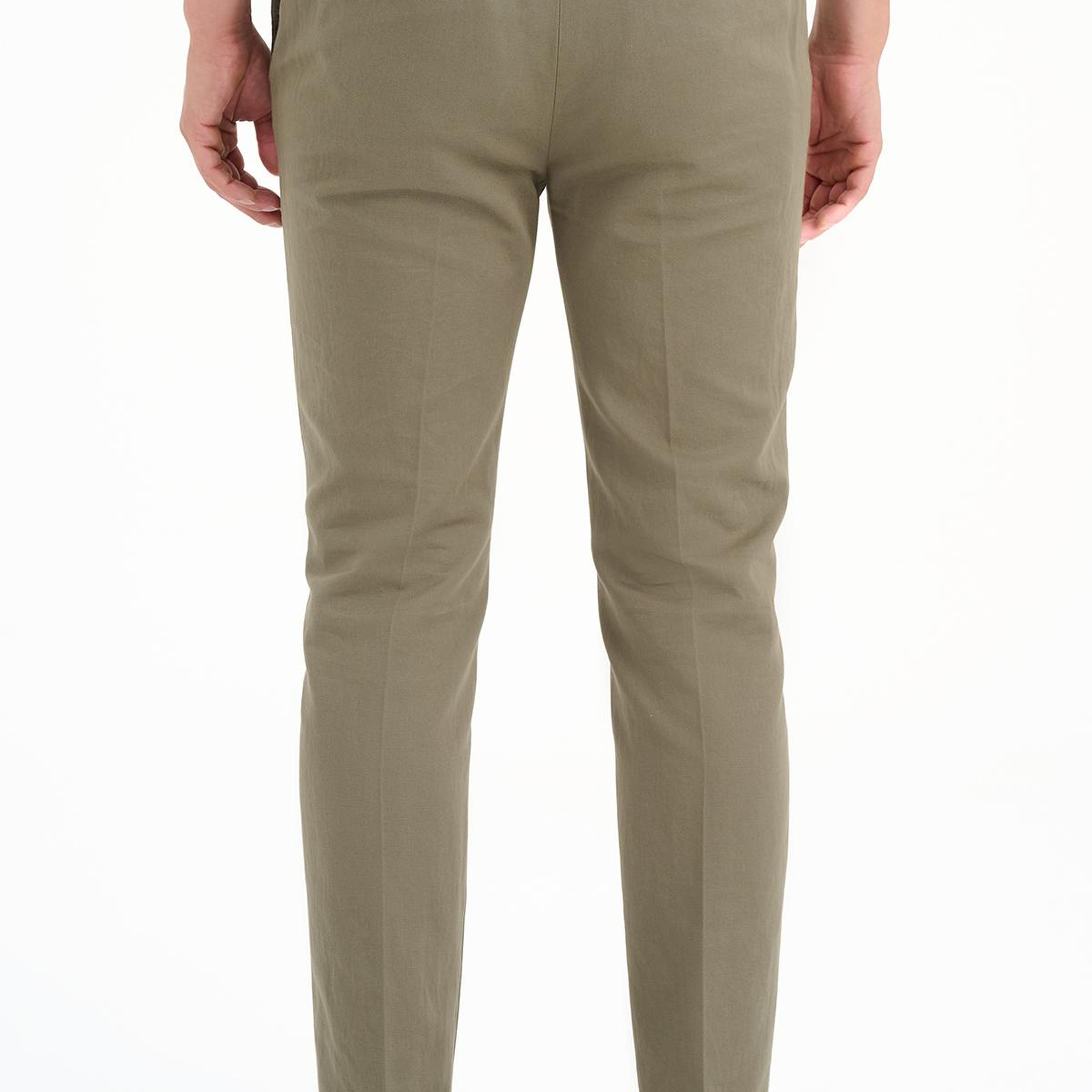 Erkek Haki Beli Kordonlu Keten Karışımlı Pantolon