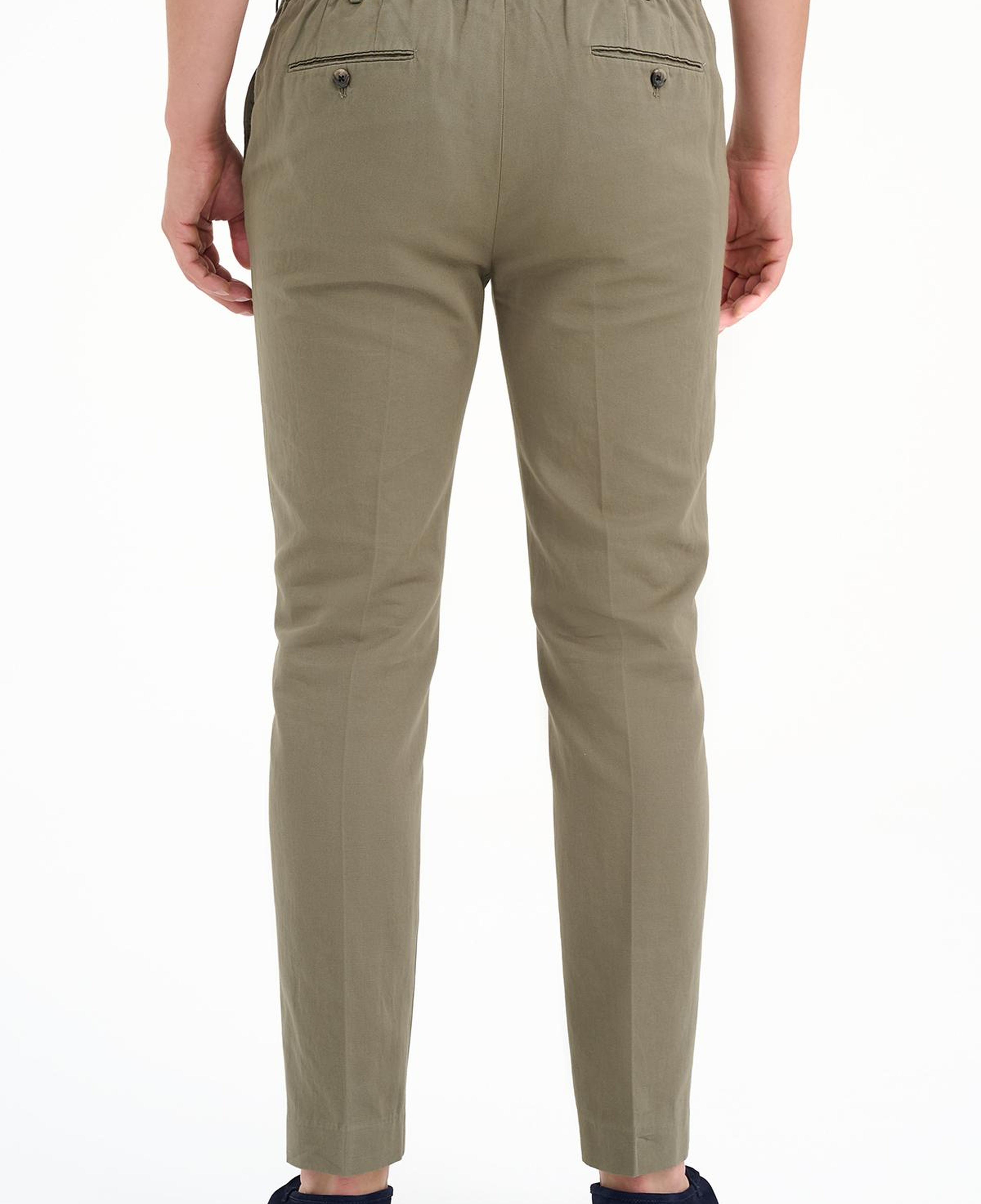 Erkek Haki Beli Kordonlu Keten Karışımlı Pantolon