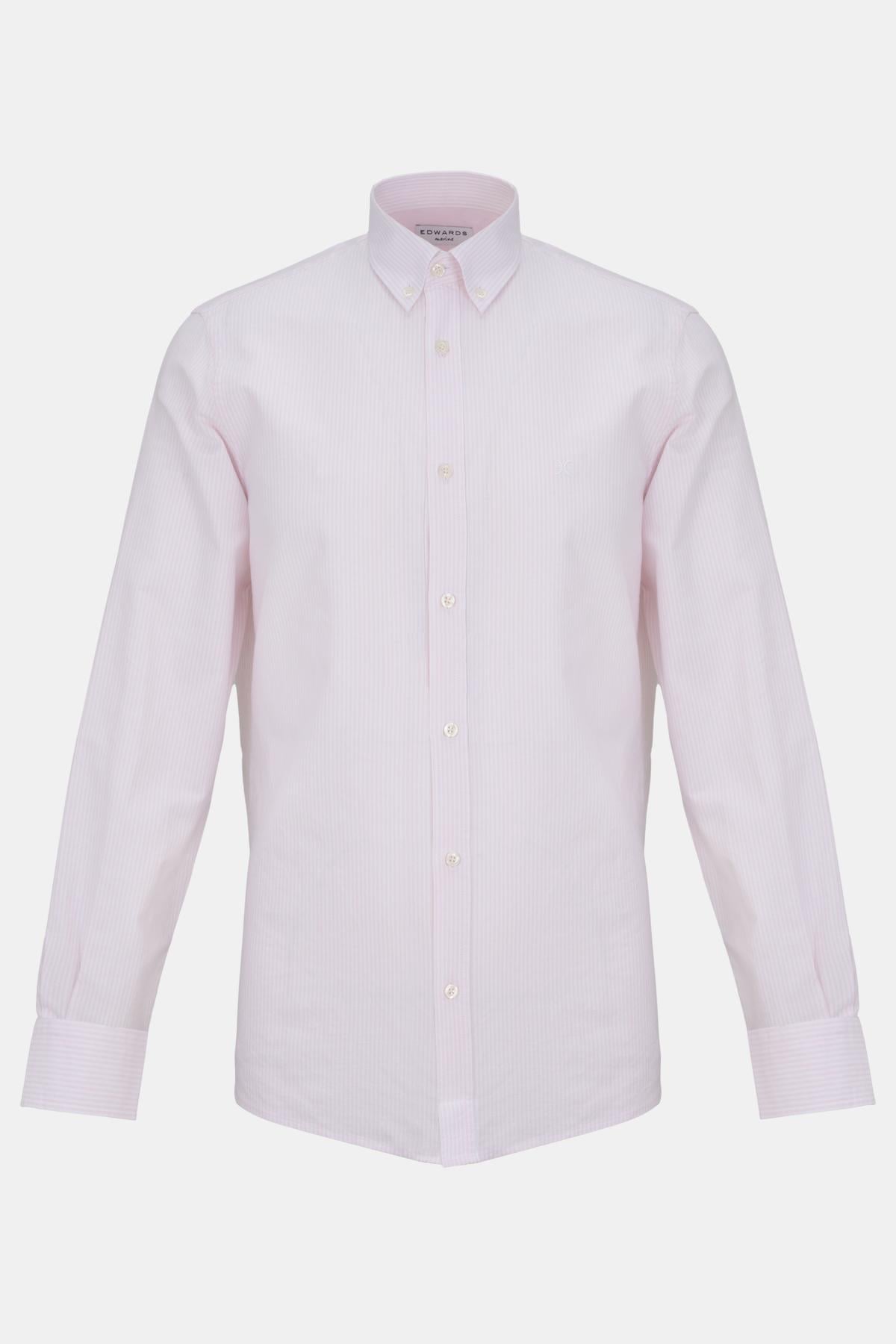 Erkek Pembe Düğmeli Yaka Çizgili Oxford Gömlek
