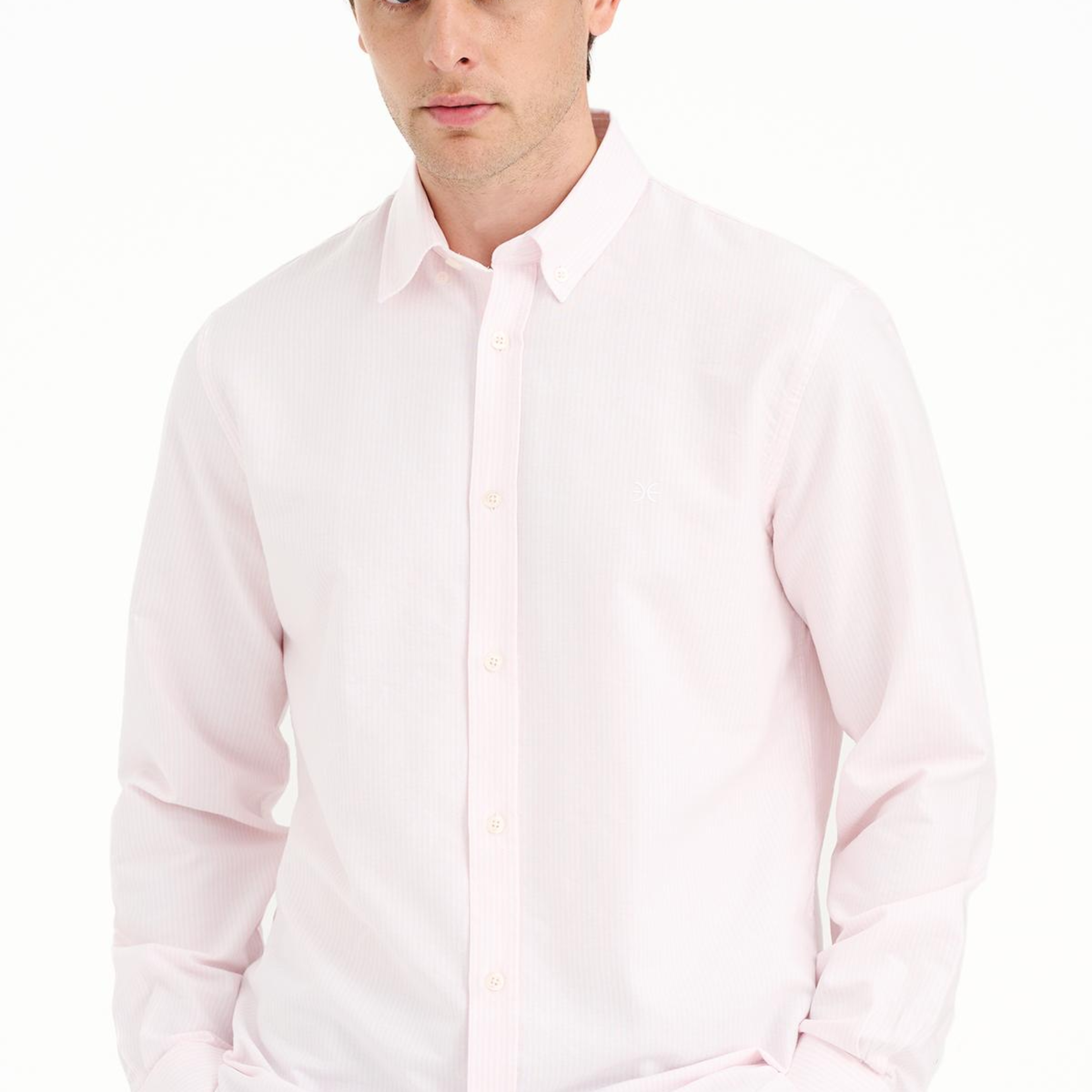 Erkek Pembe Düğmeli Yaka Çizgili Oxford Gömlek