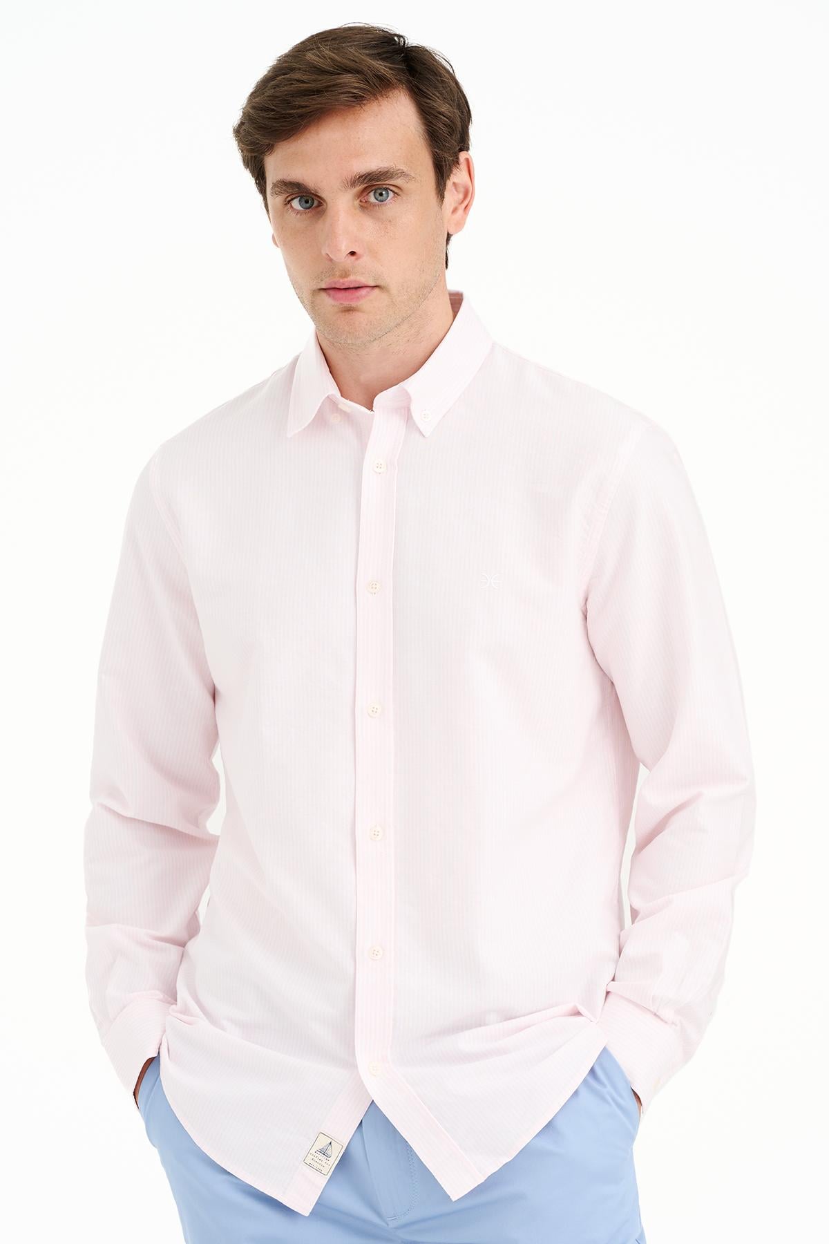 Erkek Pembe Düğmeli Yaka Çizgili Oxford Gömlek