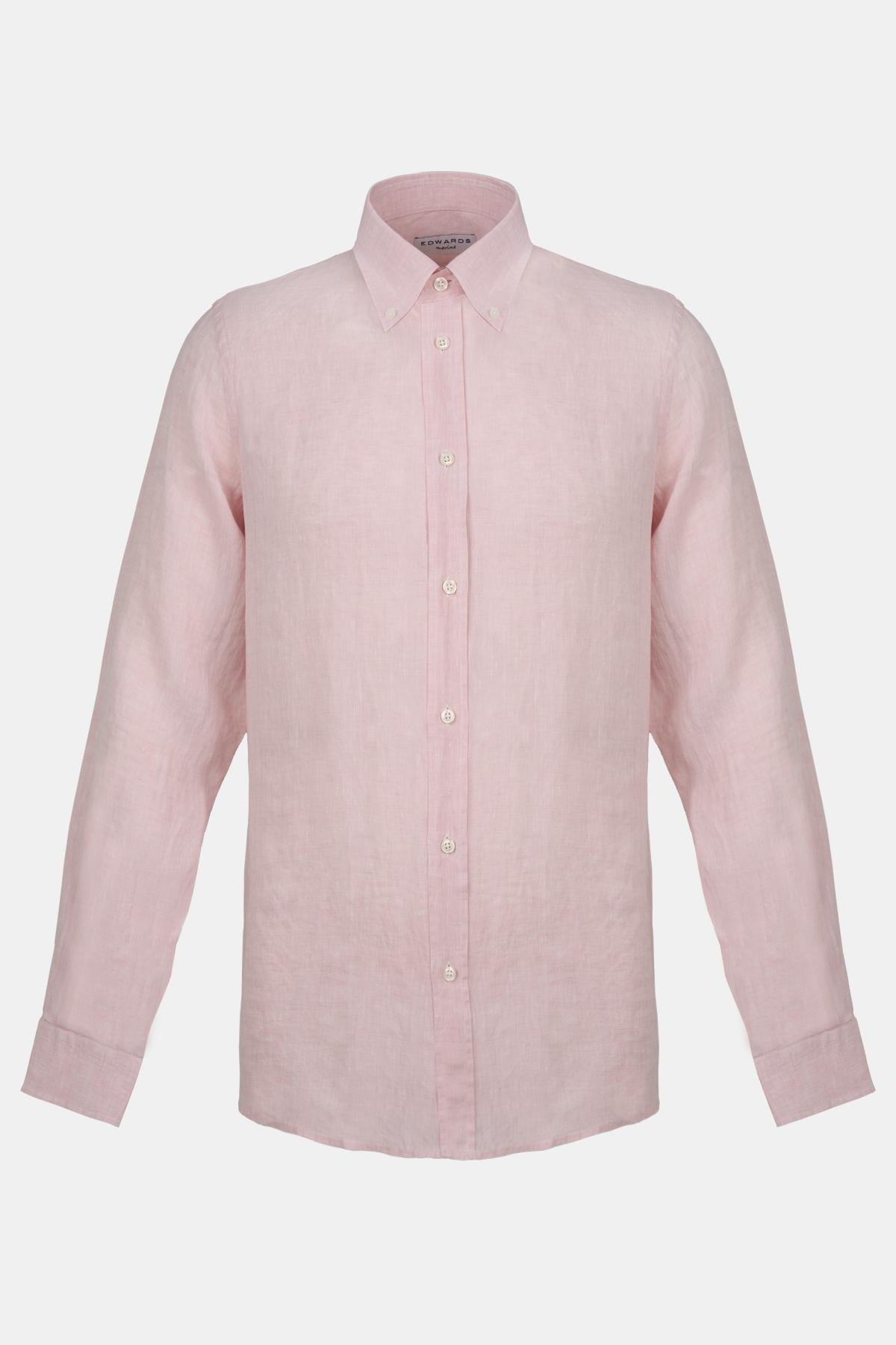 Erkek Pembe Düğmeli Yaka Keten Gömlek