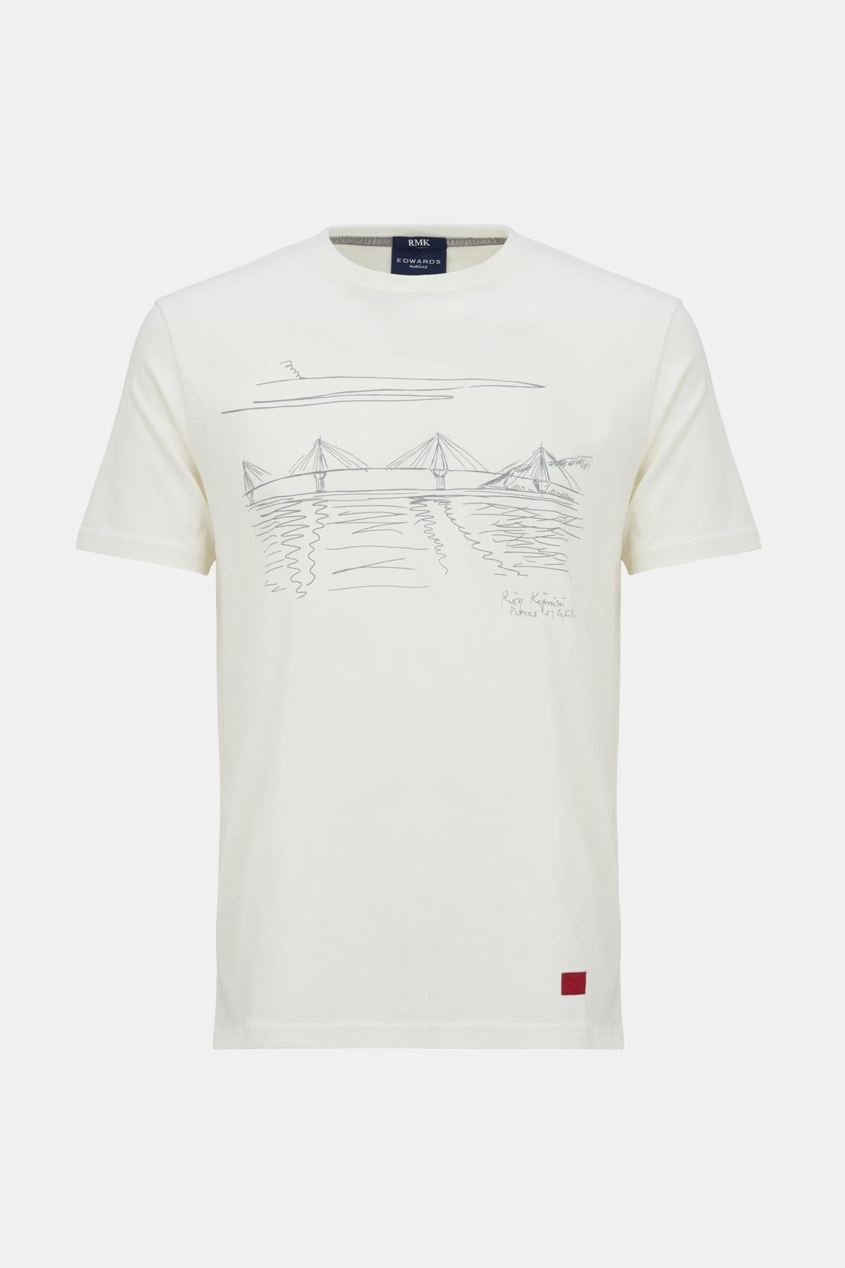 Erkek Beyaz Köprü Baskılı Bisiklet Yaka T-Shirt
