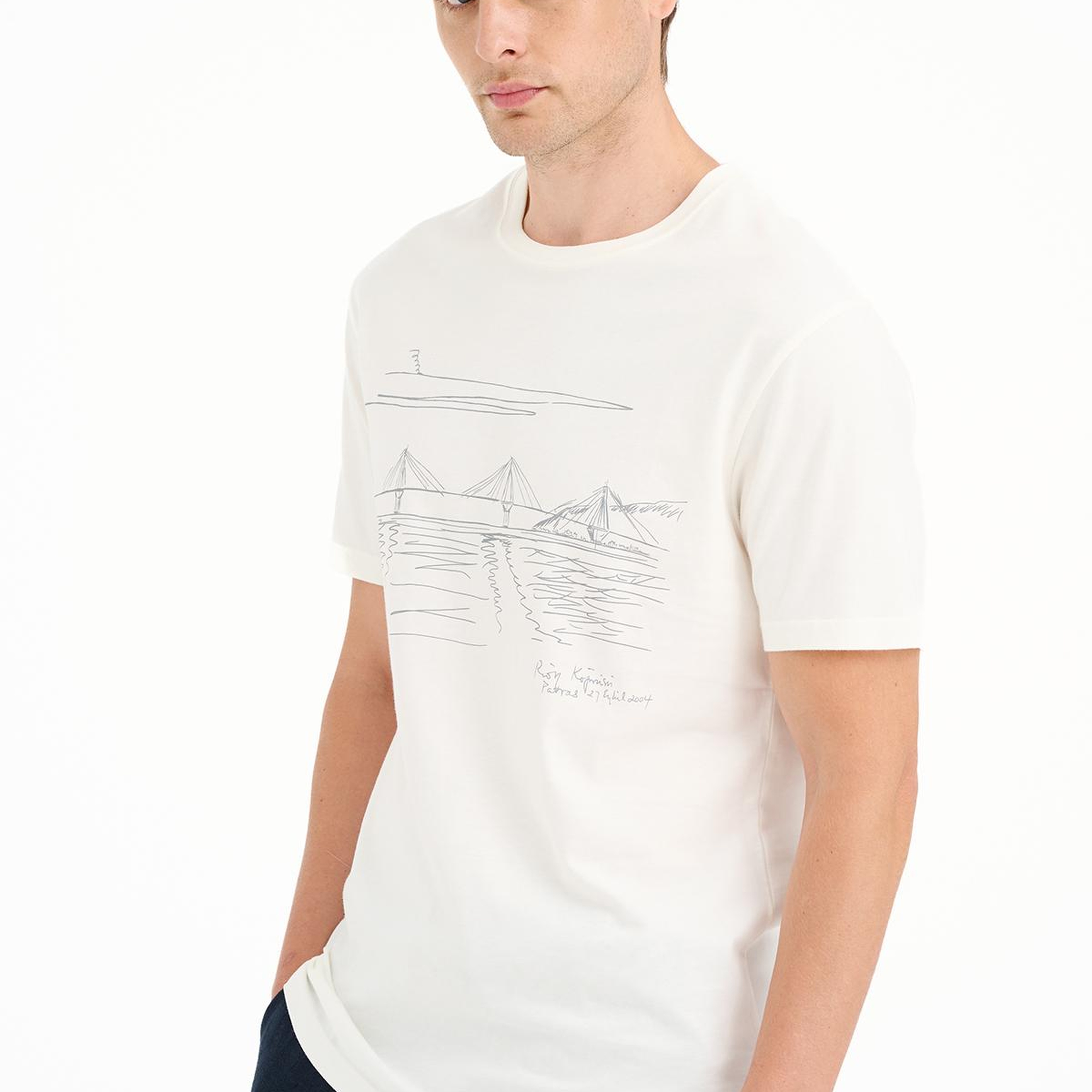 Erkek Beyaz Köprü Baskılı Bisiklet Yaka T-Shirt