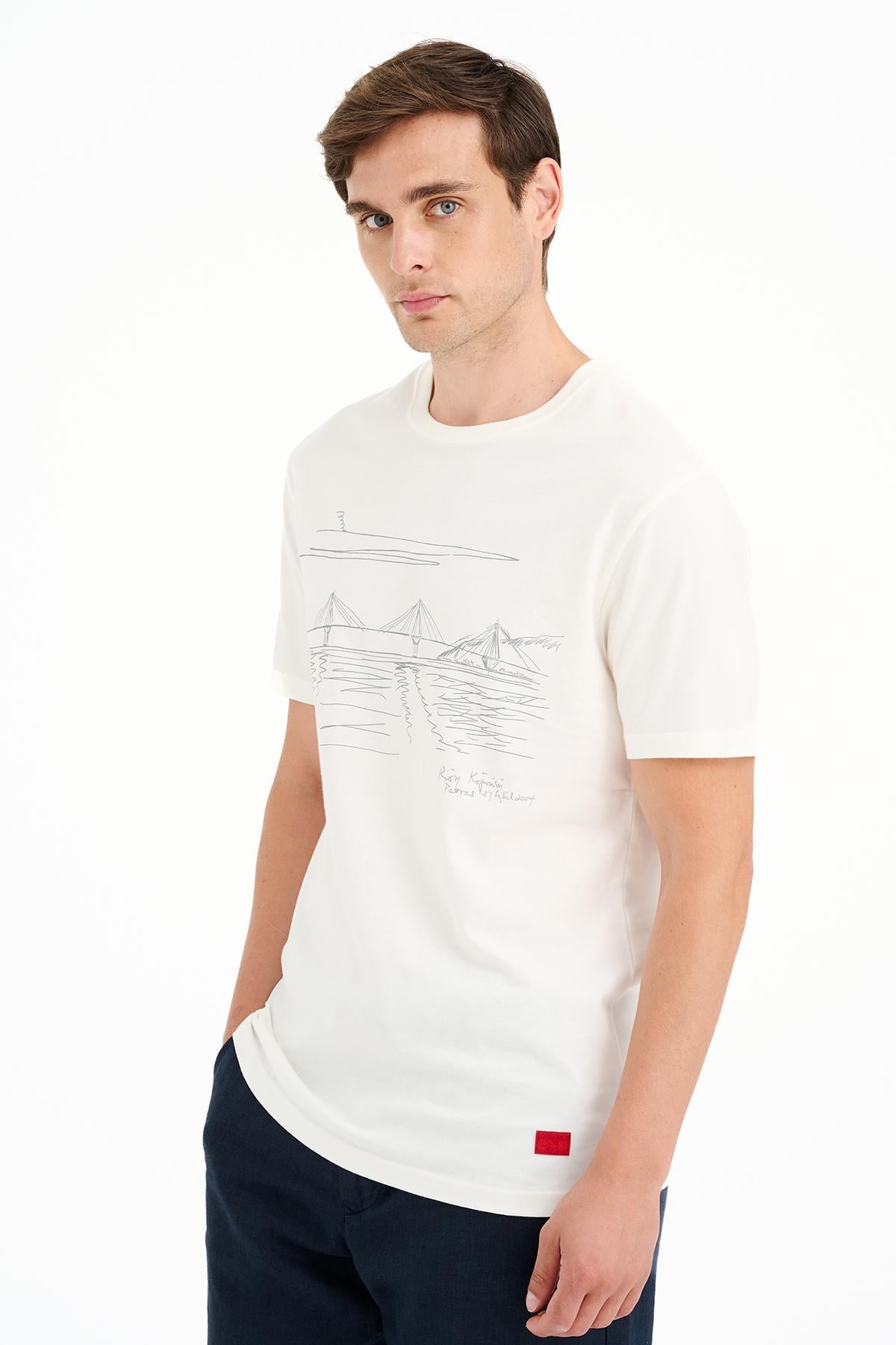 Erkek Beyaz Köprü Baskılı Bisiklet Yaka T-Shirt