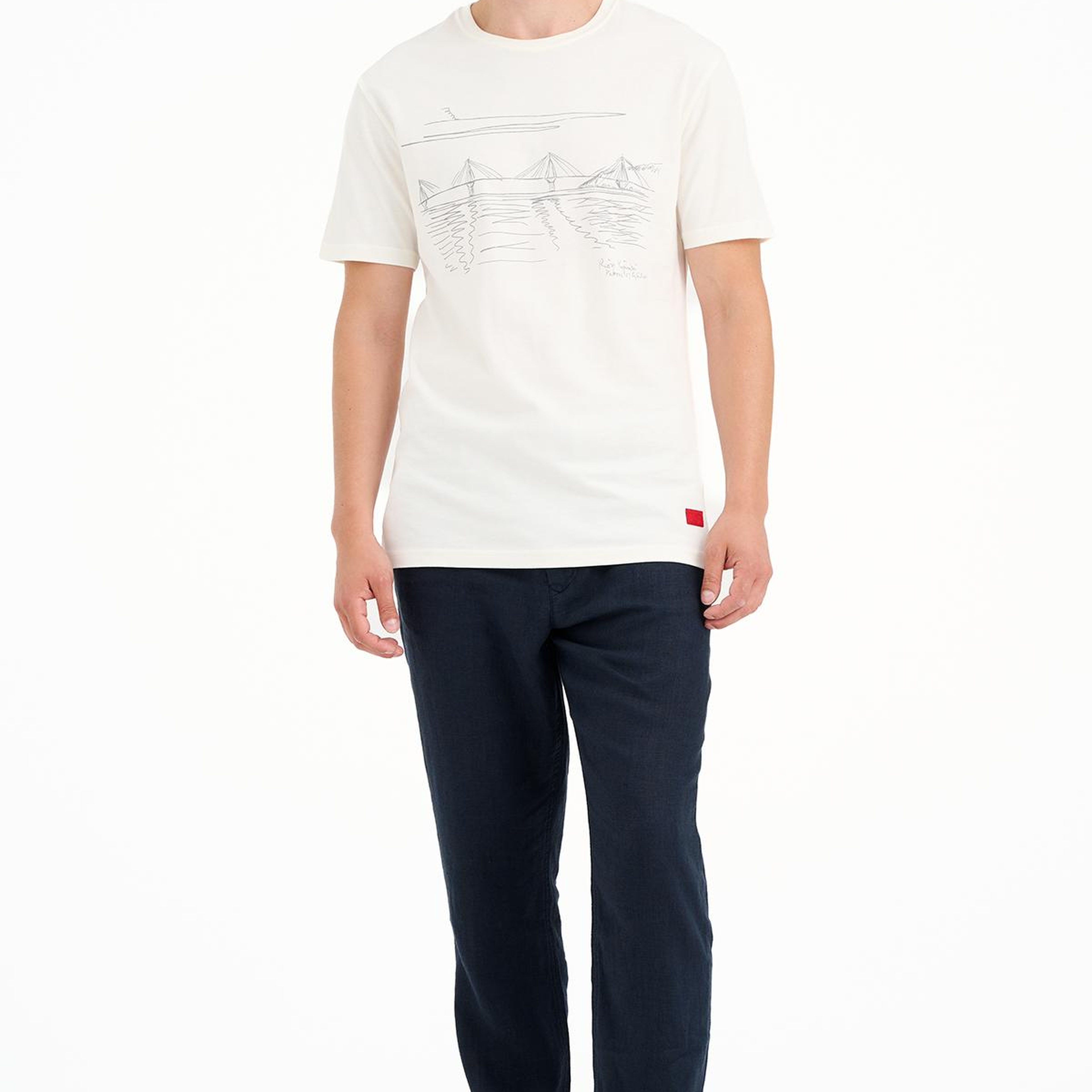 Erkek Beyaz Köprü Baskılı Bisiklet Yaka T-Shirt