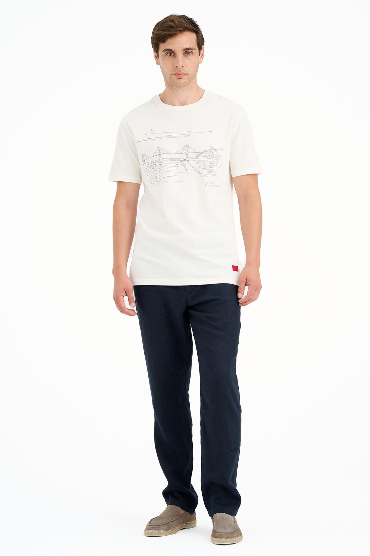 Erkek Beyaz Köprü Baskılı Bisiklet Yaka T-Shirt