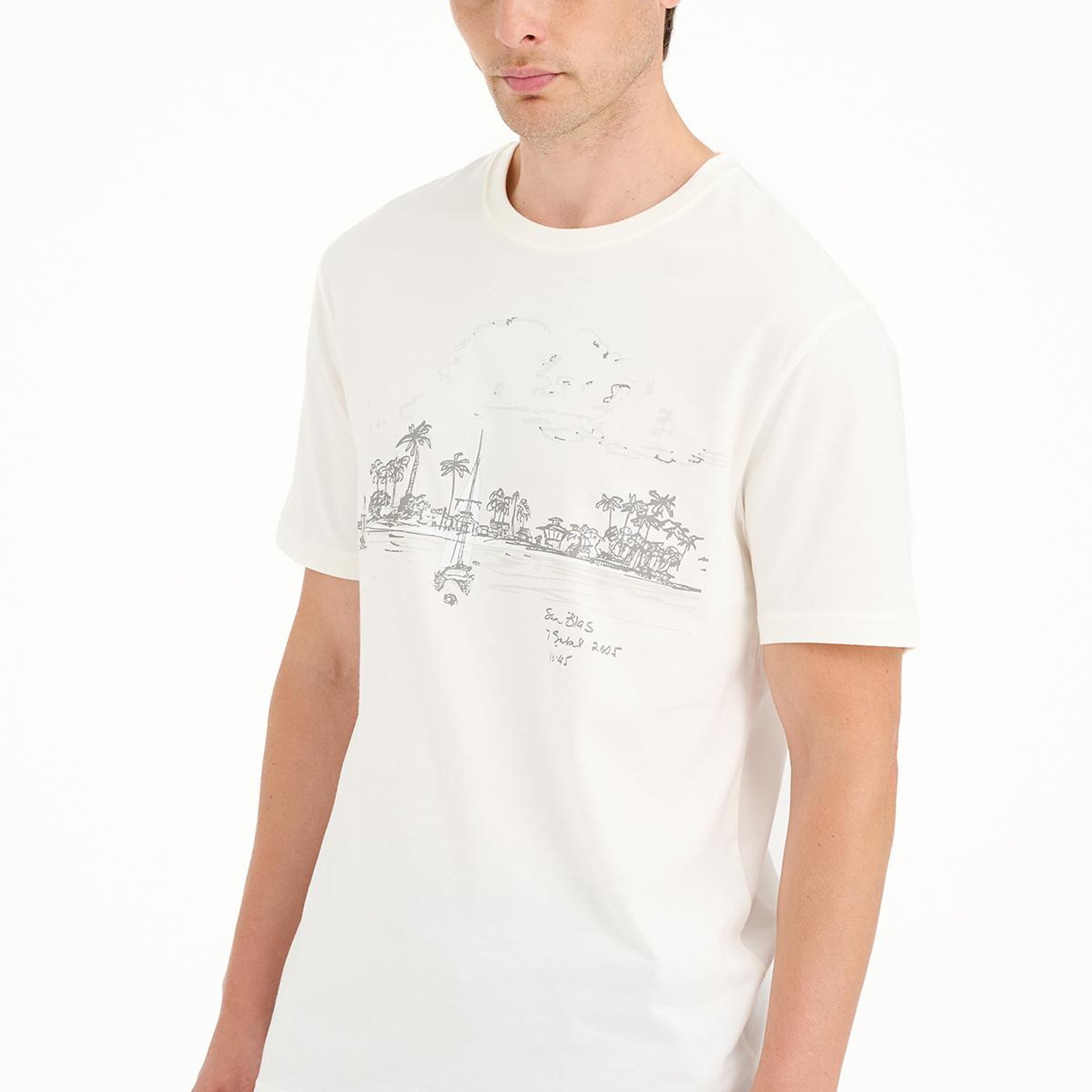 Erkek Beyaz St Blas Baskılı Bisiklet Yaka  T-Shirt