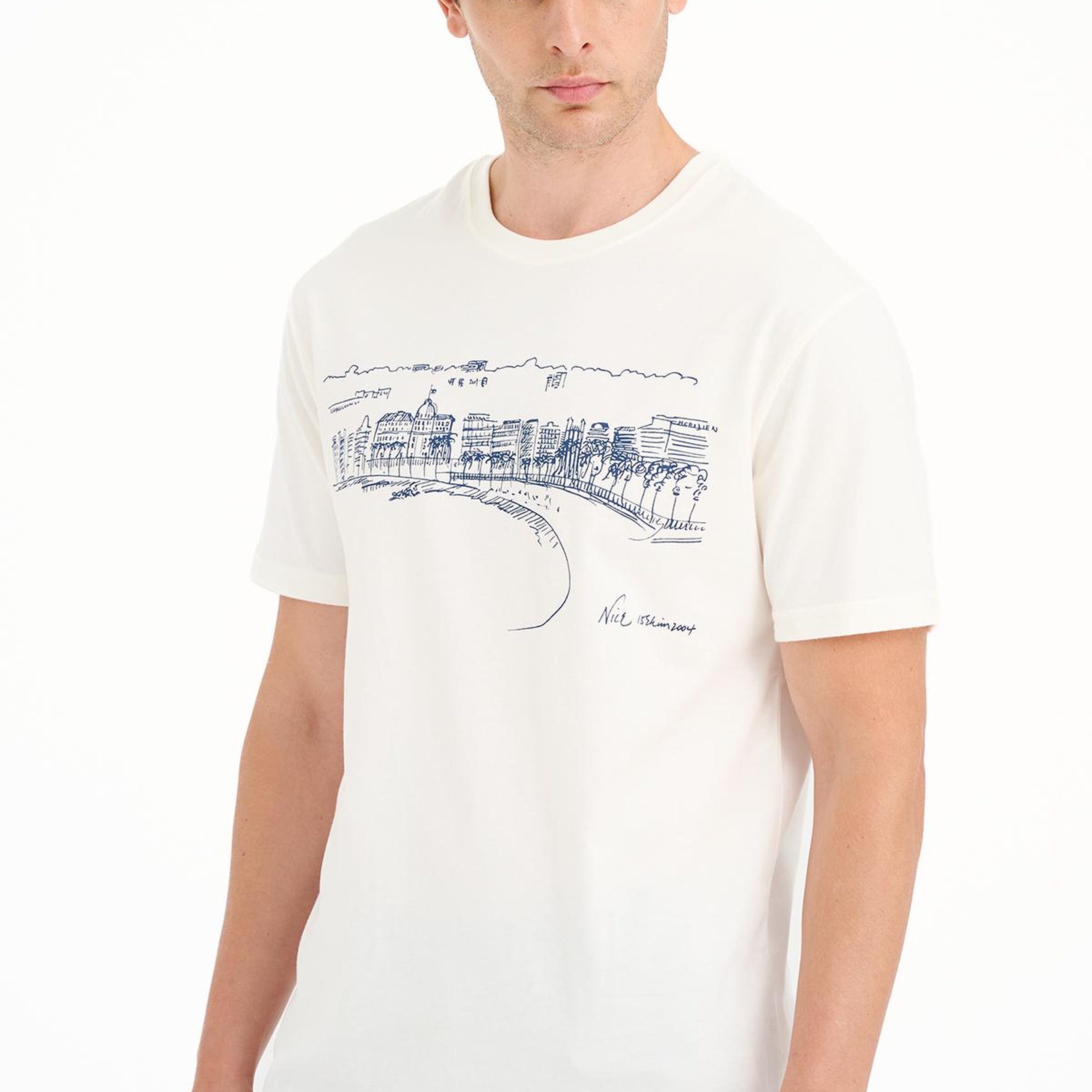 Erkek Beyaz Nice Baskılı Bisiklet Yaka T-Shirt