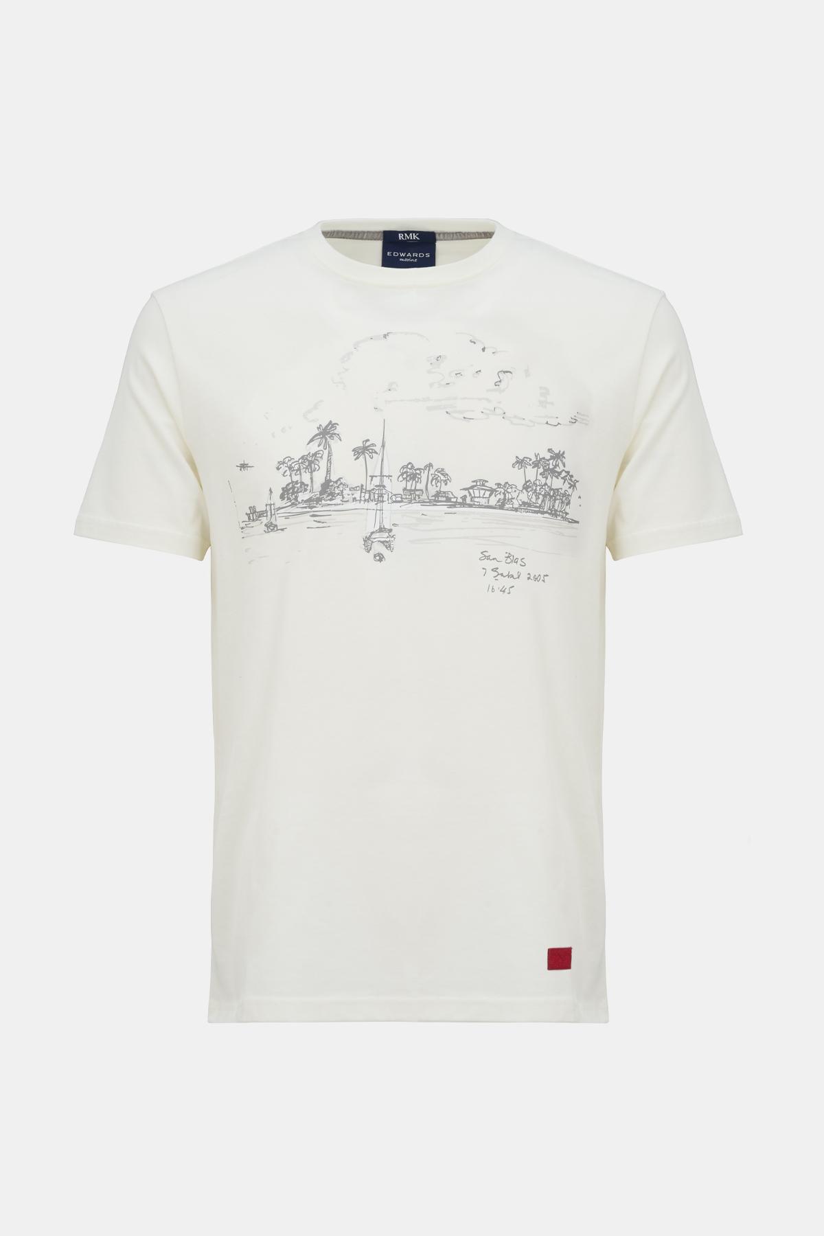 Erkek Beyaz St Blas Baskılı Bisiklet Yaka T-Shirt