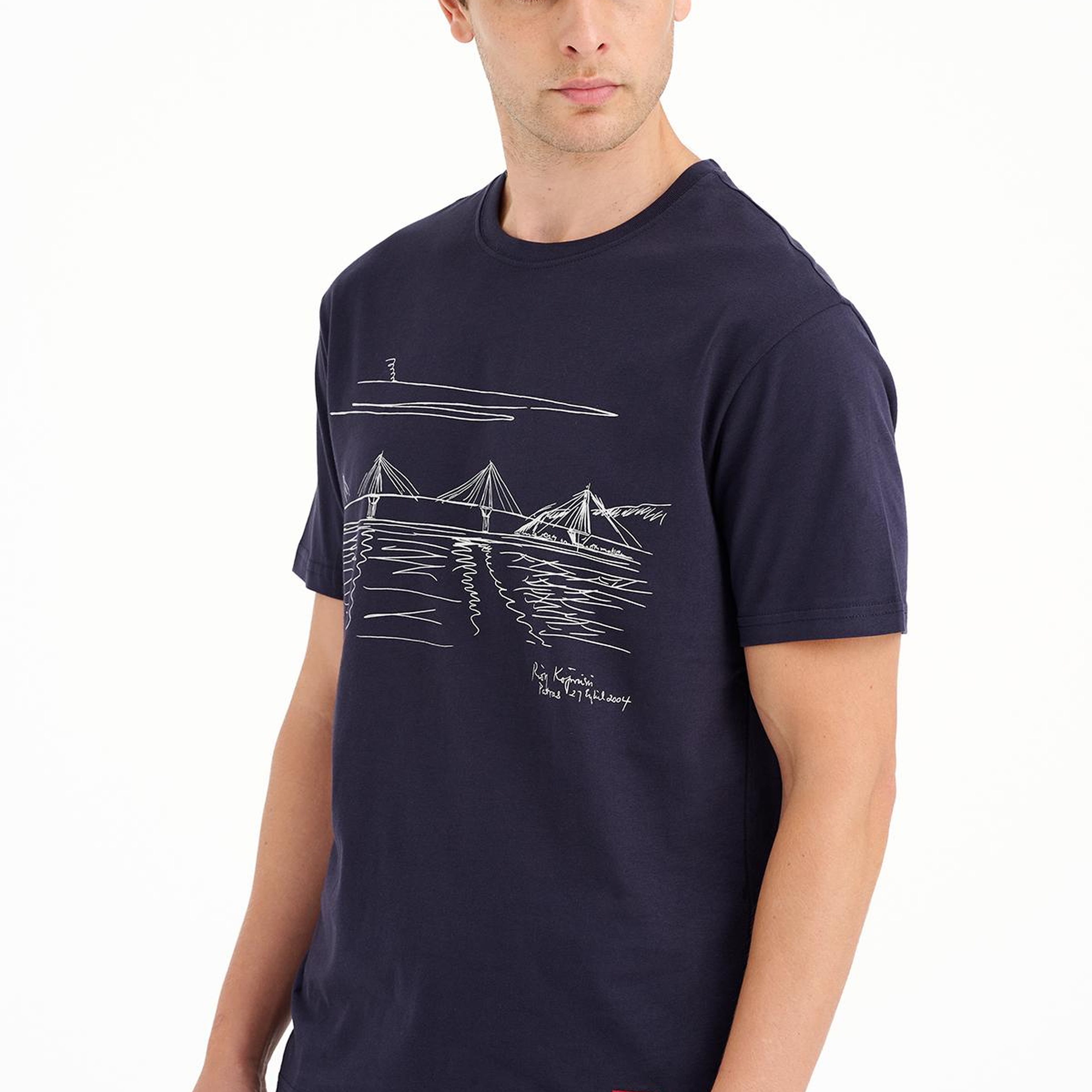 Erkek Lacivert Köprü Baskılı Bisiklet Yaka T-Shirt