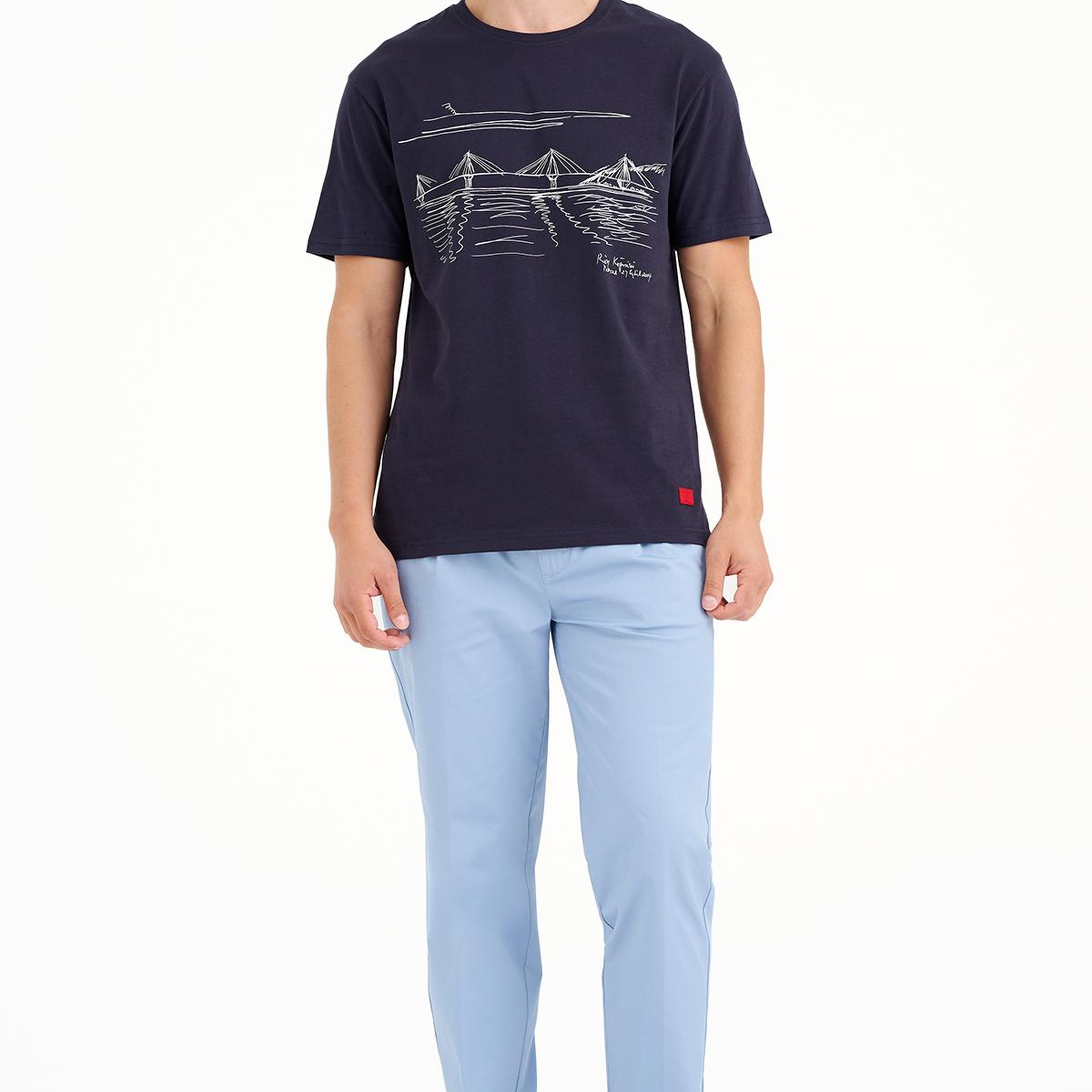 Erkek Lacivert Köprü Baskılı Bisiklet Yaka T-Shirt