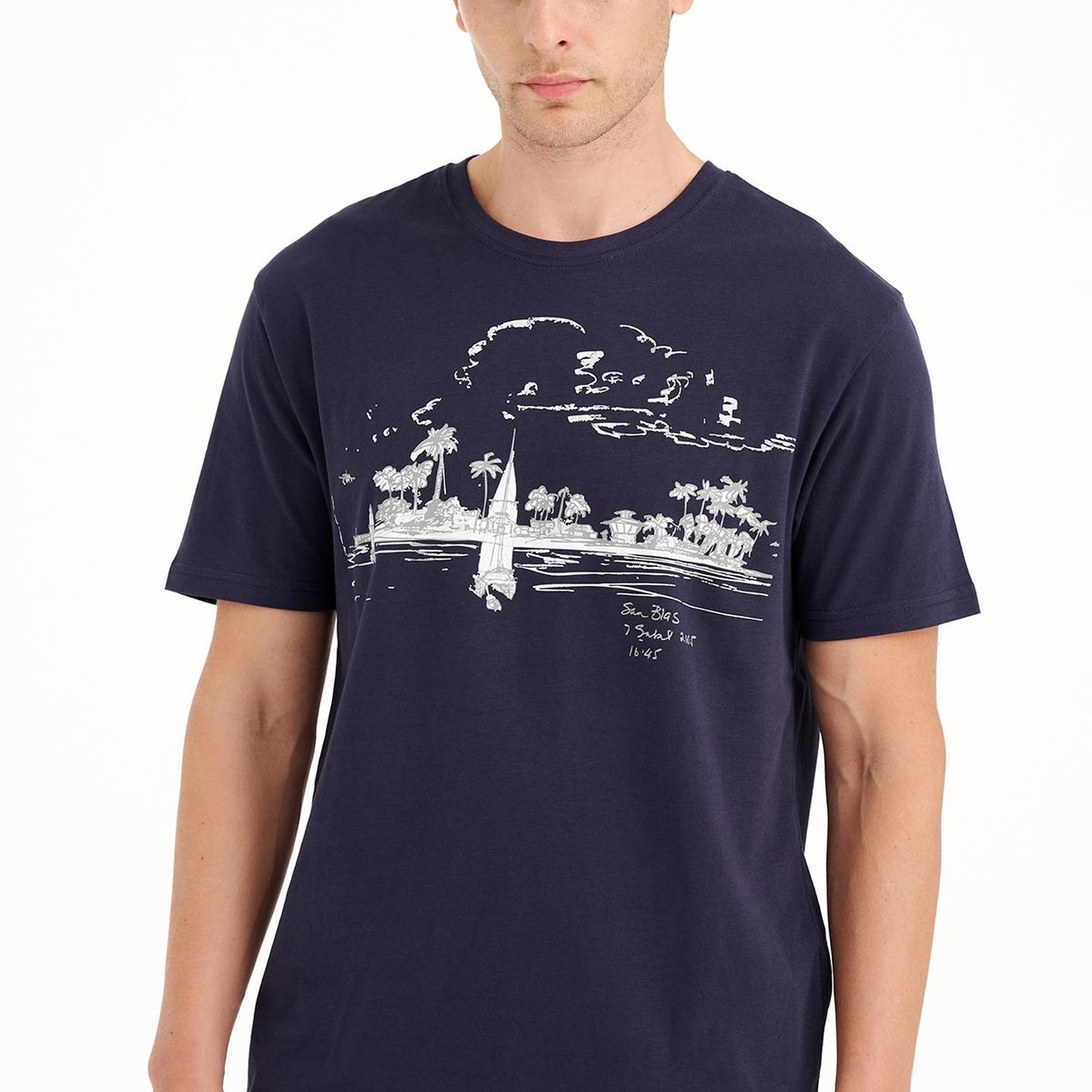 Erkek Lacivert St Blas Baskılı Bisiklet Yaka  T-Shirt