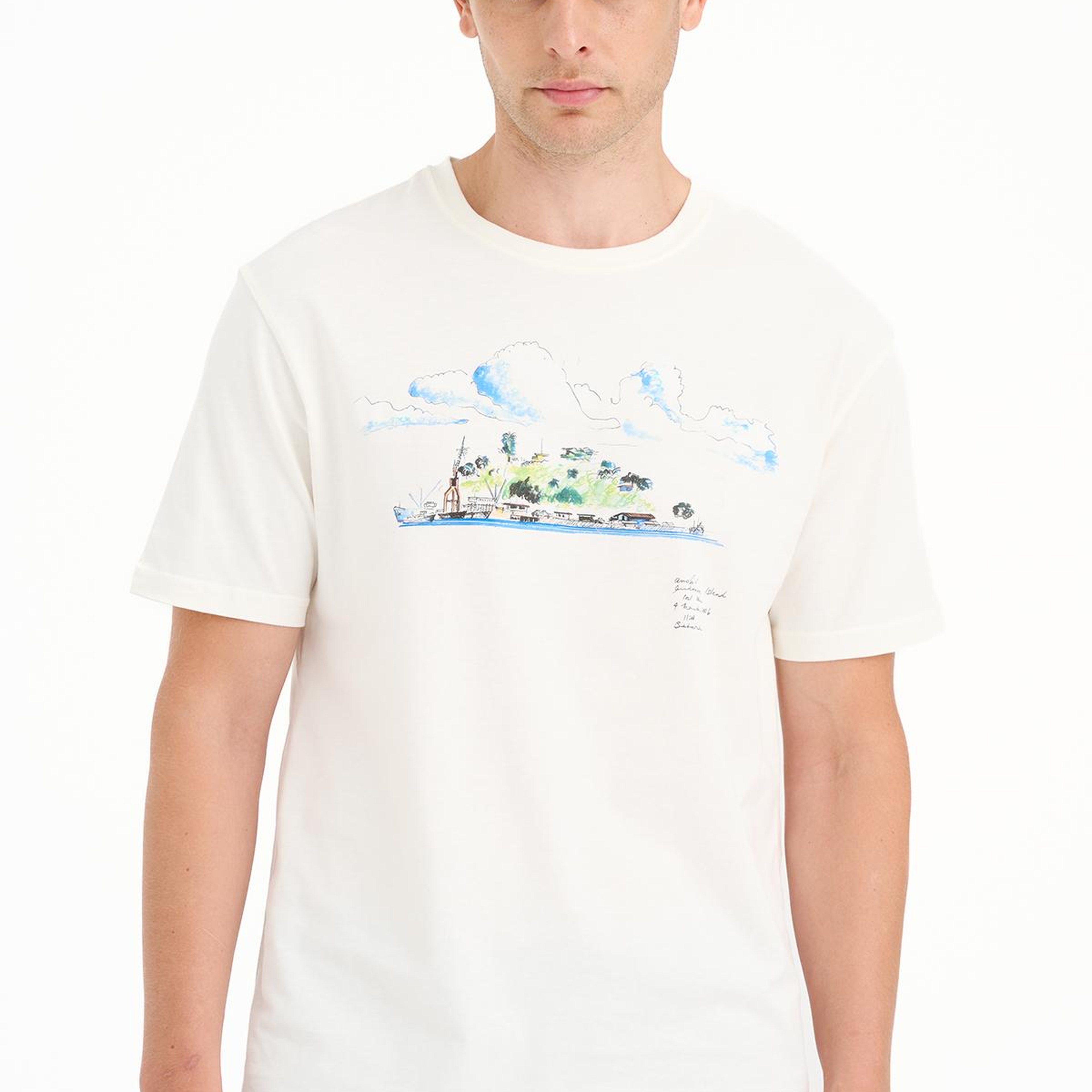 Erkek Beyaz Ada Baskılı Bisiklet Yaka T-Shirt