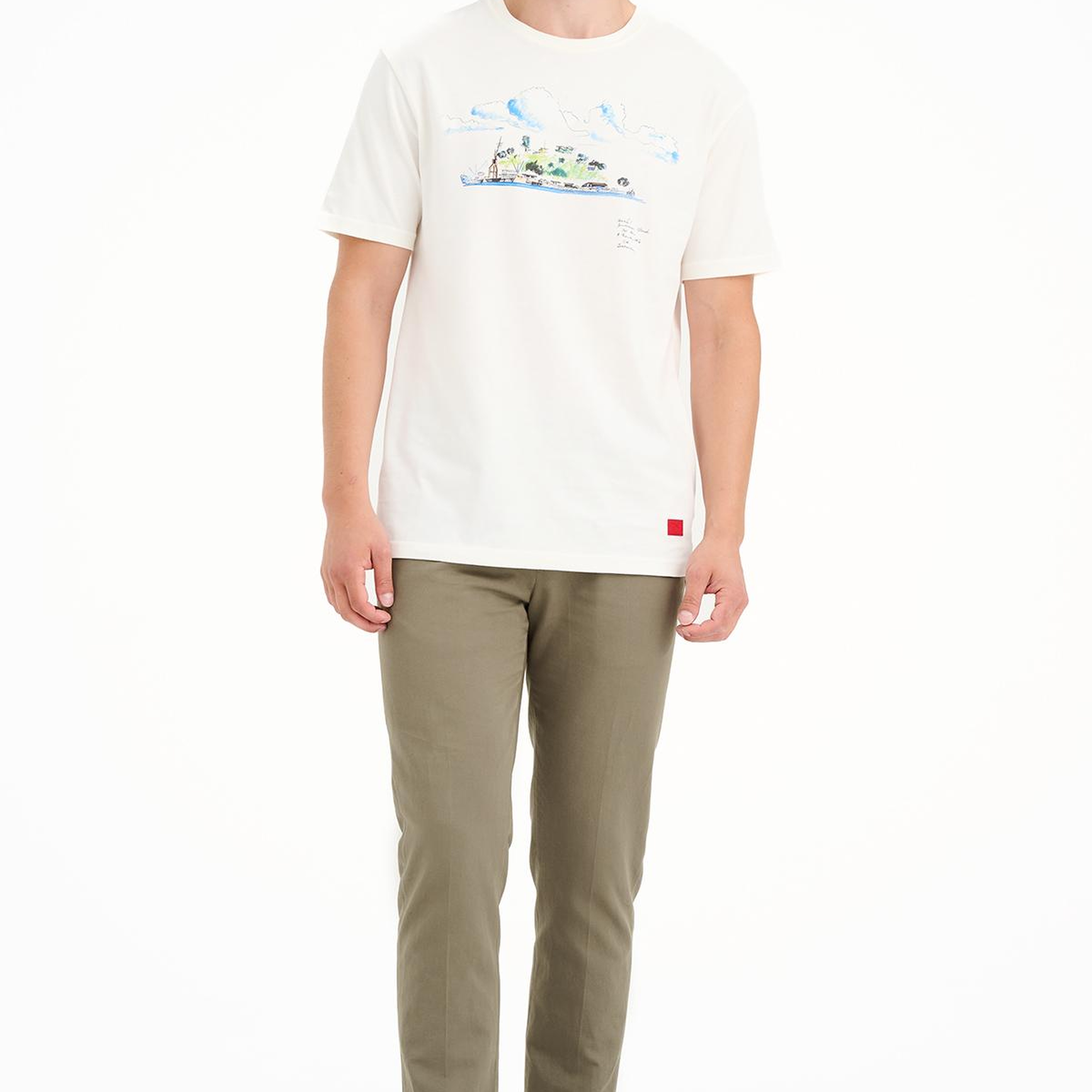 Erkek Beyaz Ada Baskılı Bisiklet Yaka T-Shirt