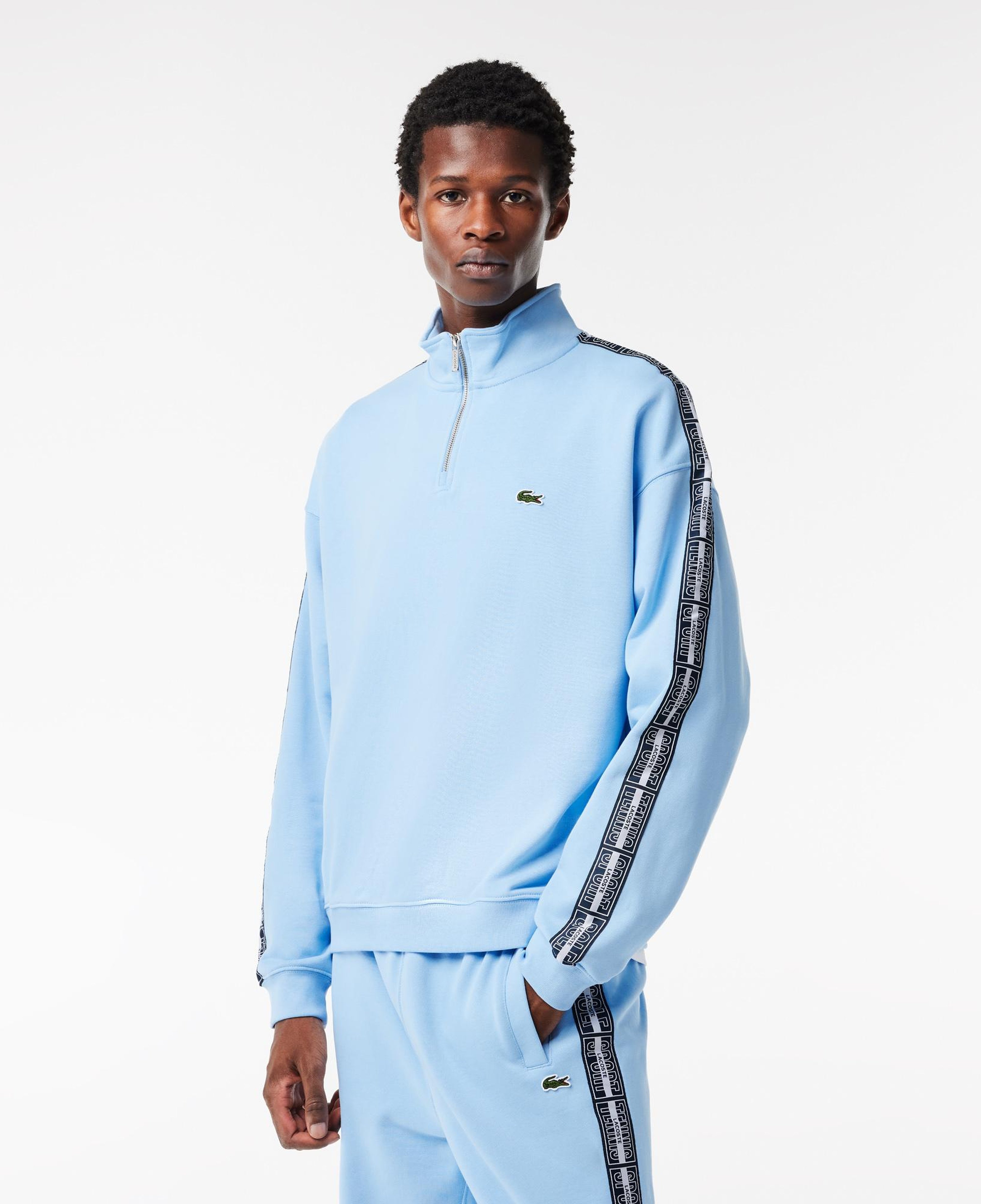 Erkek Loose Fit Yarım Fermuarlı Baskılı Açık Mavi Sweatshirt
