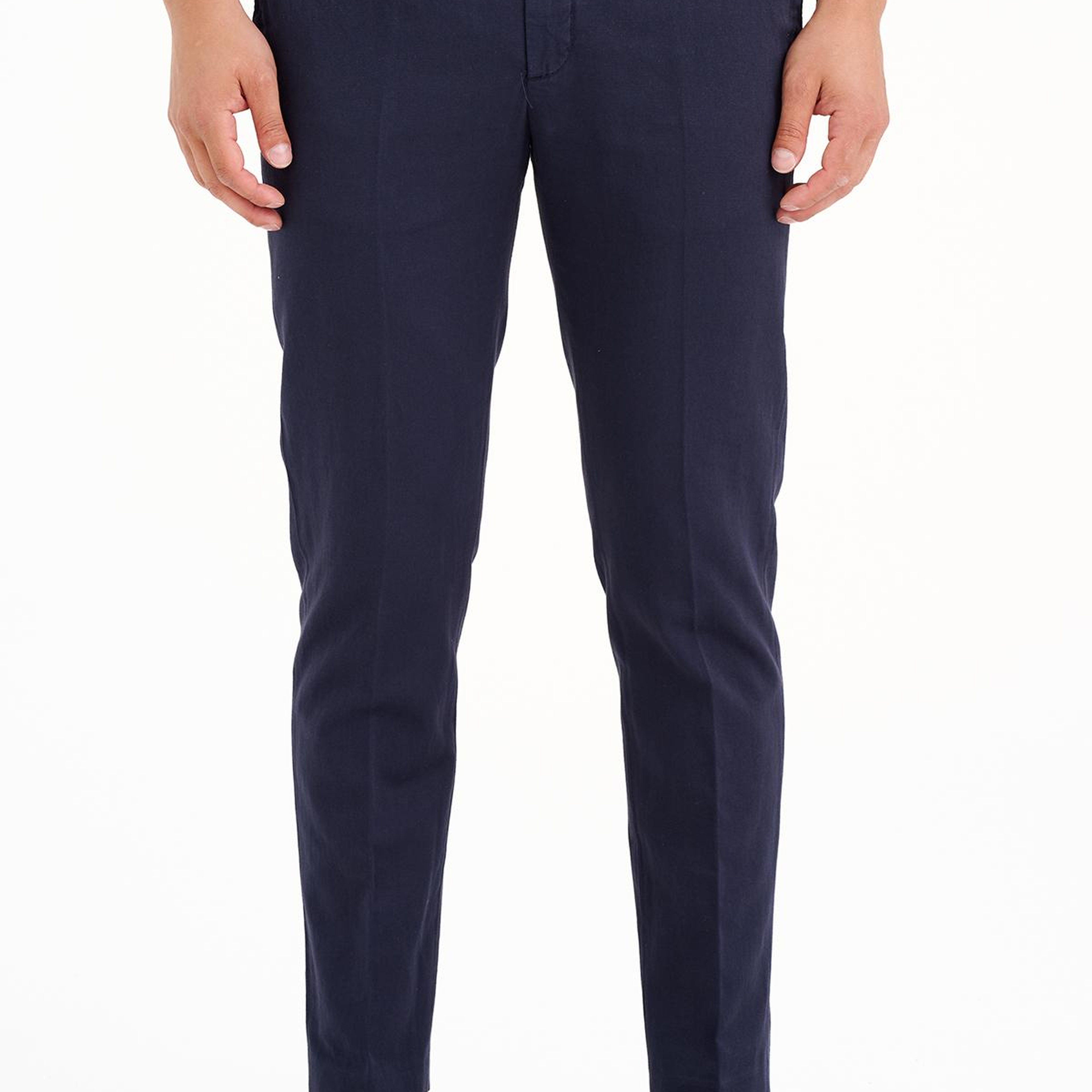 Erkek Lacivert Beli Kordonlu Keten Karışımlı Pantolon