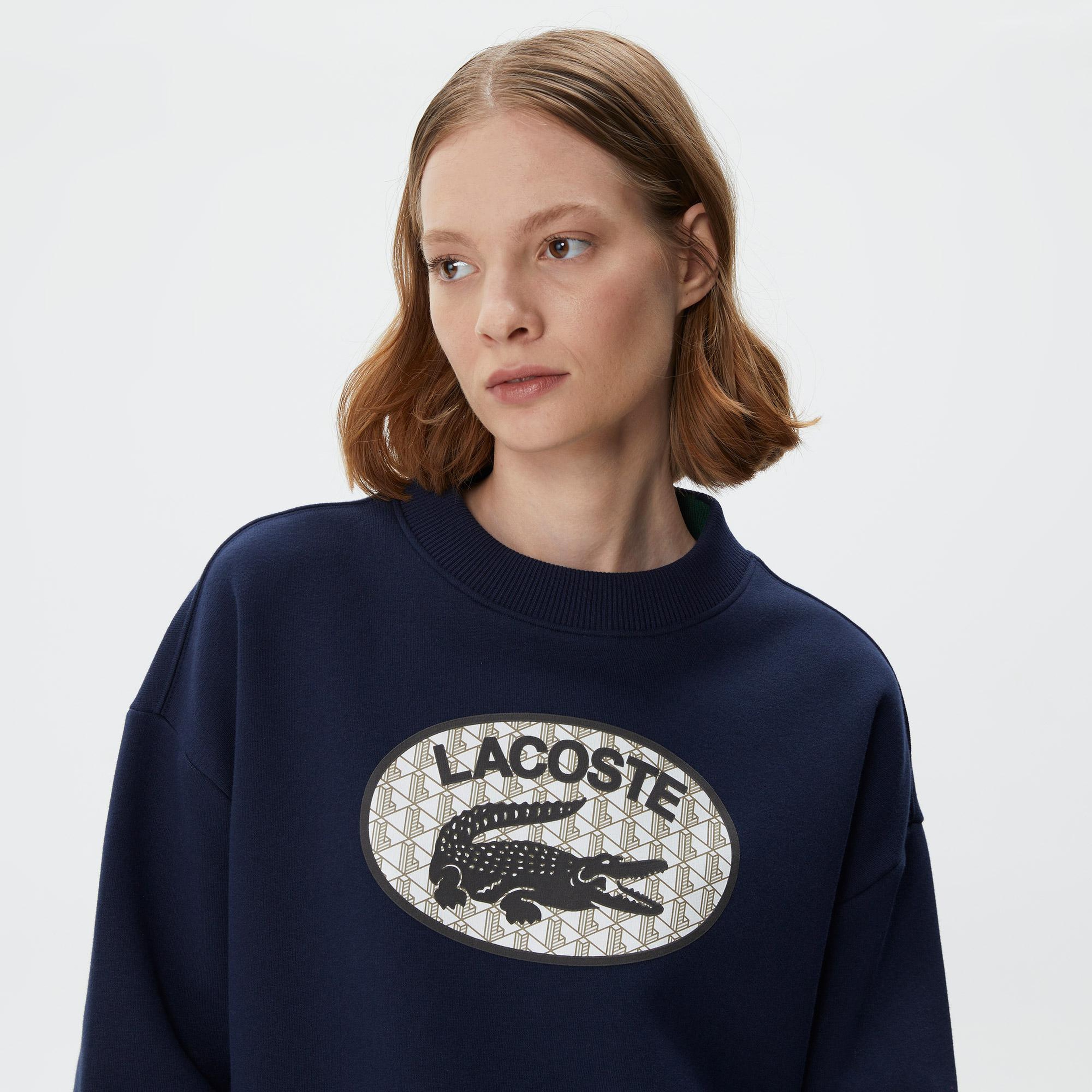 Kadın Crop Fit Bisiklet Yaka Baskılı Lacivert Sweatshirt
