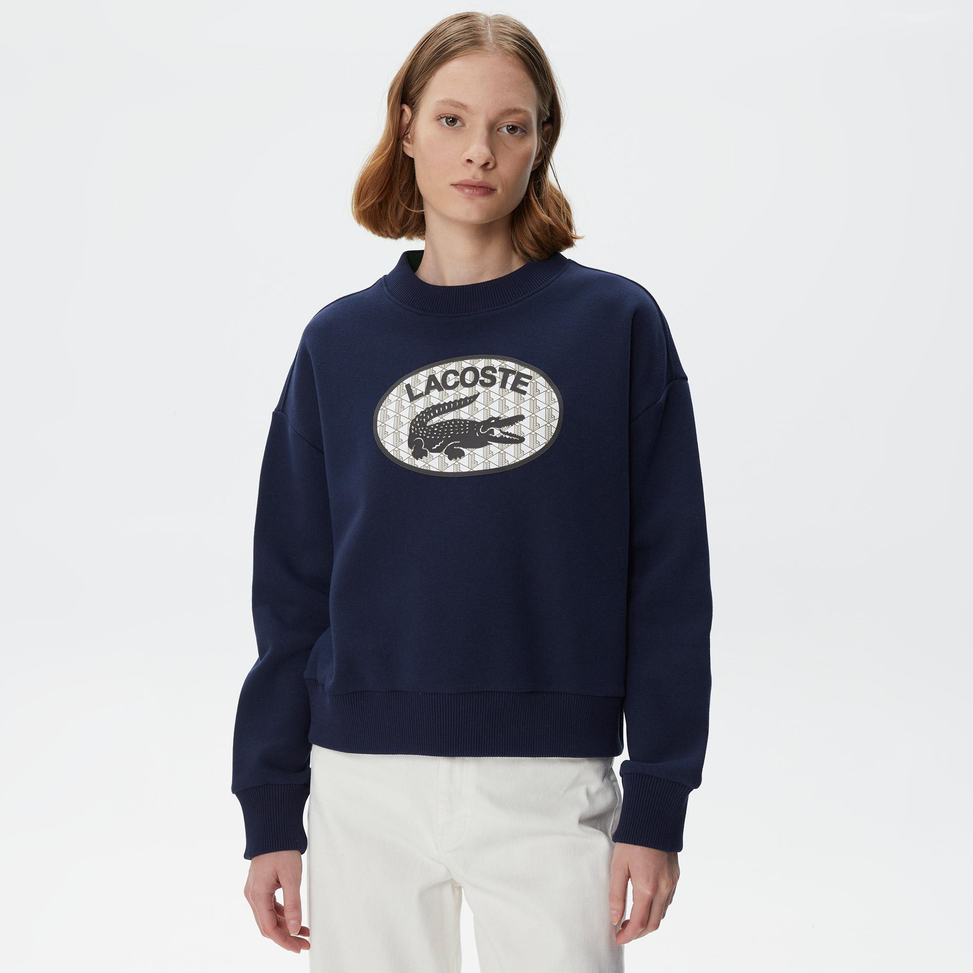Kadın Crop Fit Bisiklet Yaka Baskılı Lacivert Sweatshirt