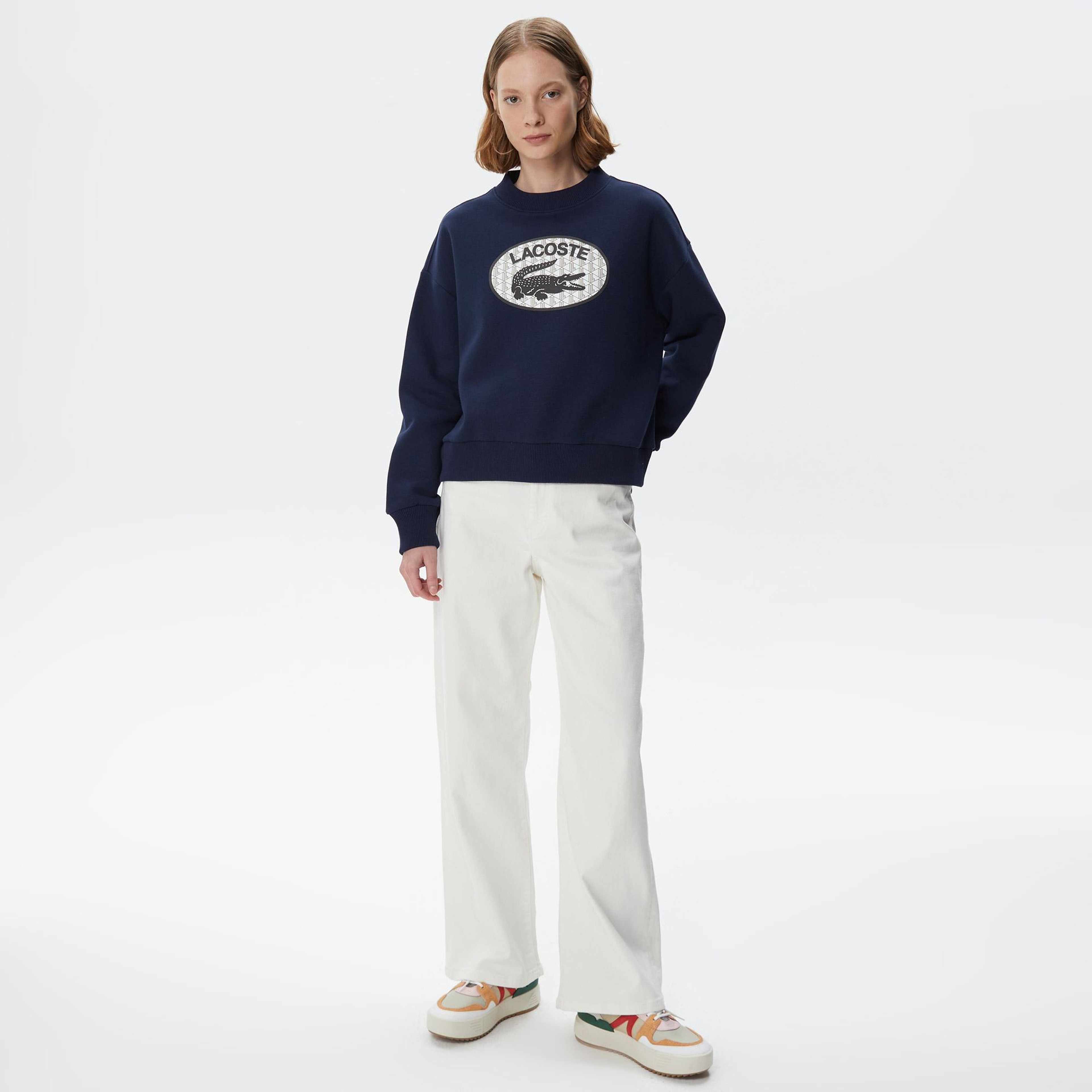 Kadın Crop Fit Bisiklet Yaka Baskılı Lacivert Sweatshirt