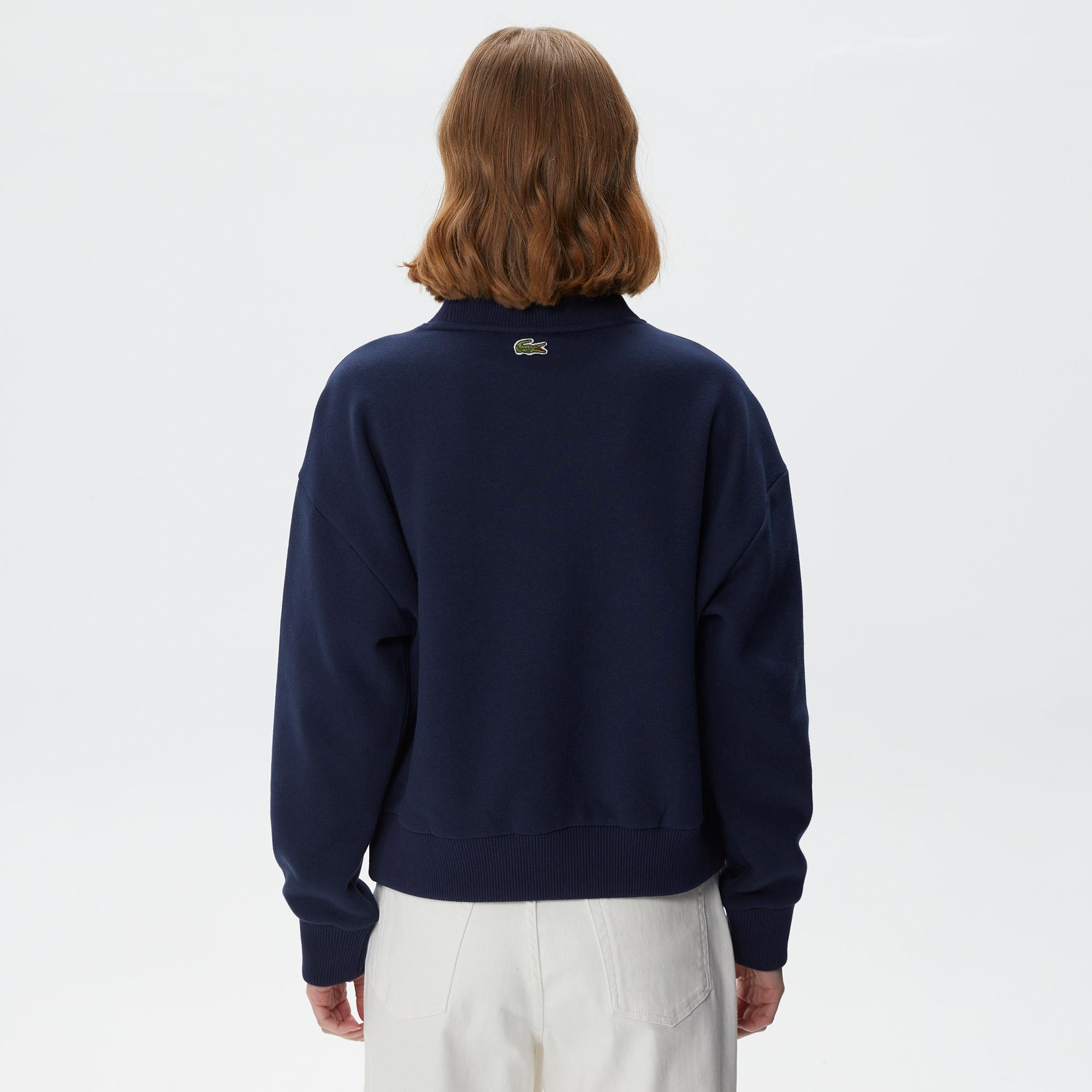 Kadın Crop Fit Bisiklet Yaka Baskılı Lacivert Sweatshirt