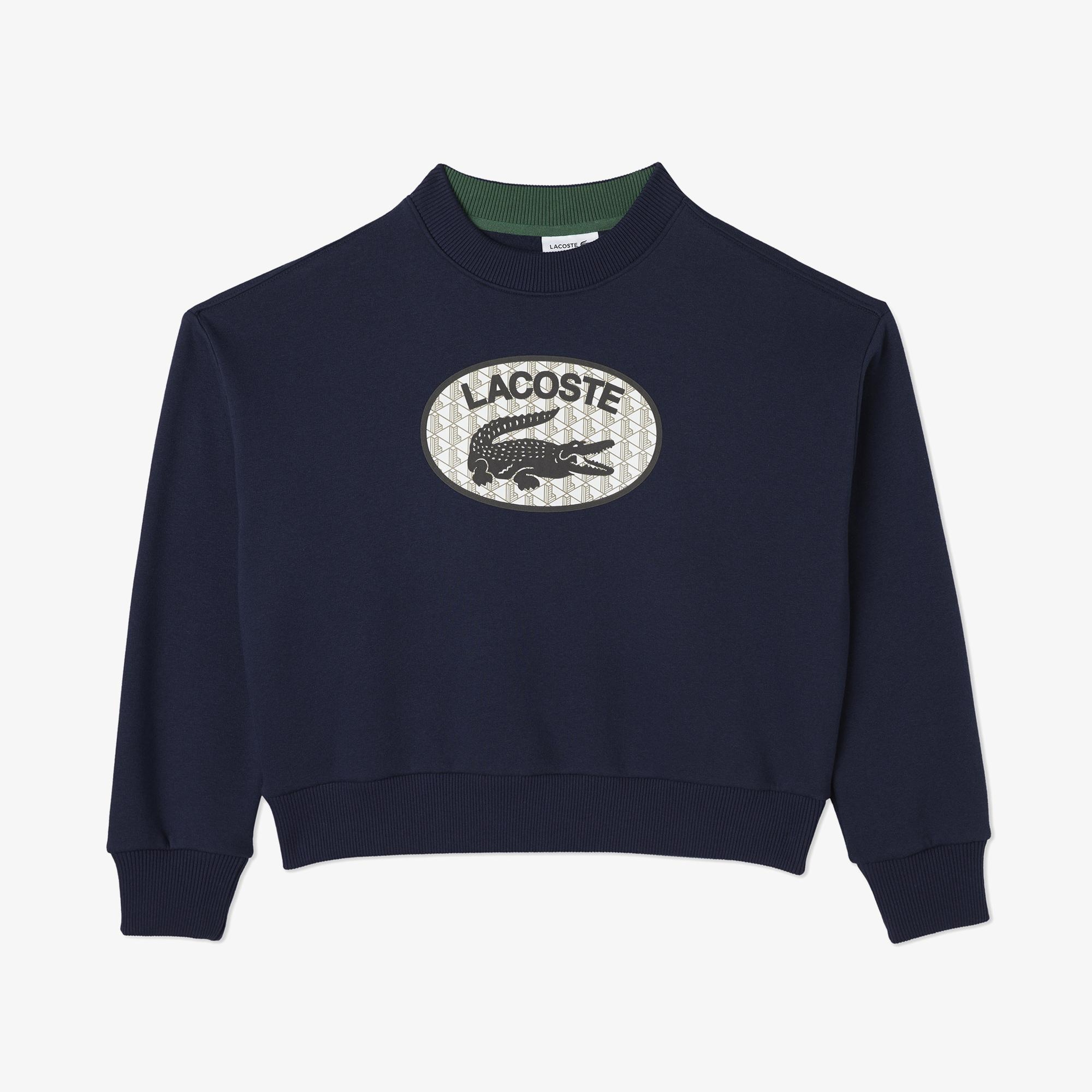 Kadın Crop Fit Bisiklet Yaka Baskılı Lacivert Sweatshirt