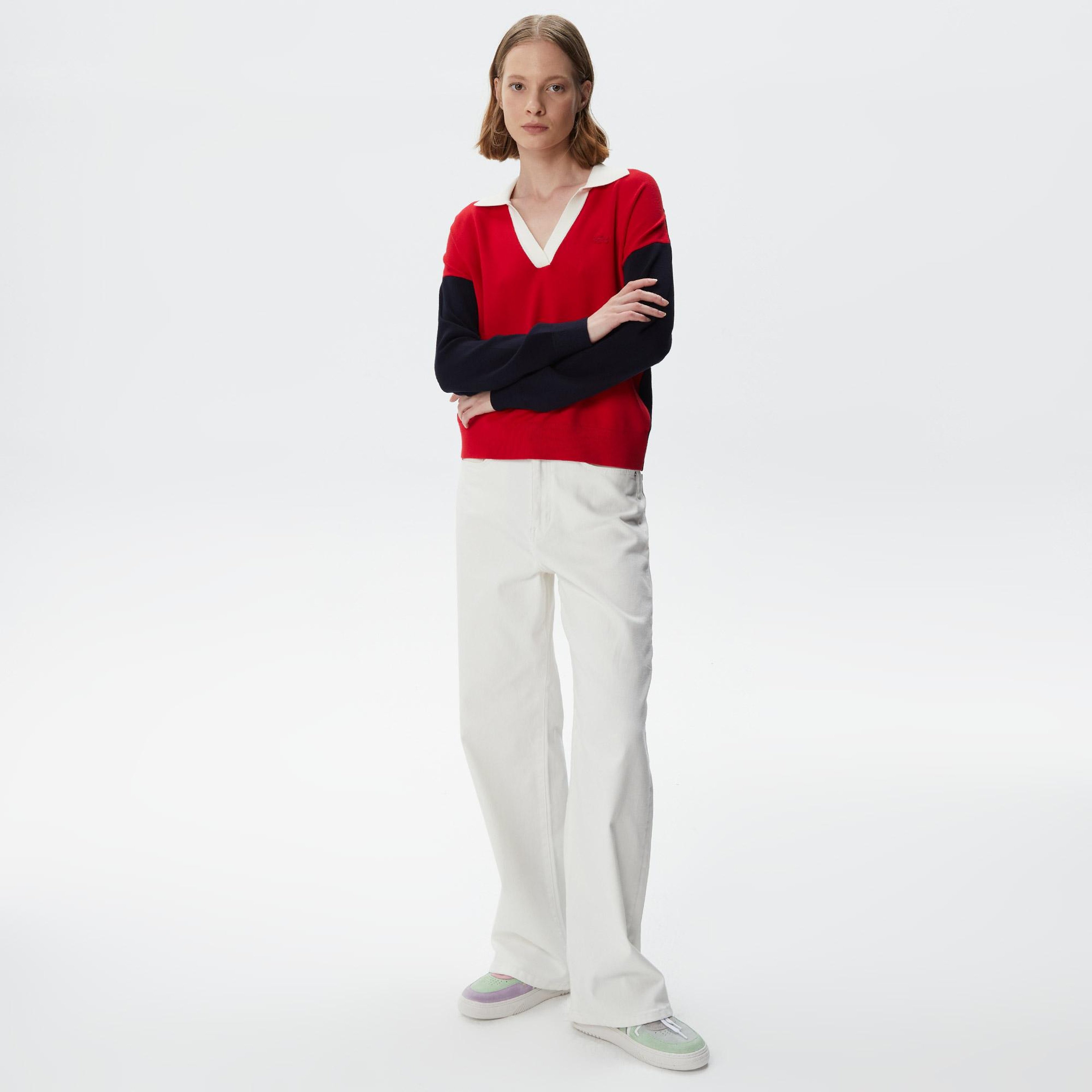 Kadın Regular Fit Polo Yaka Renk Bloklu Kırmızı Kazak