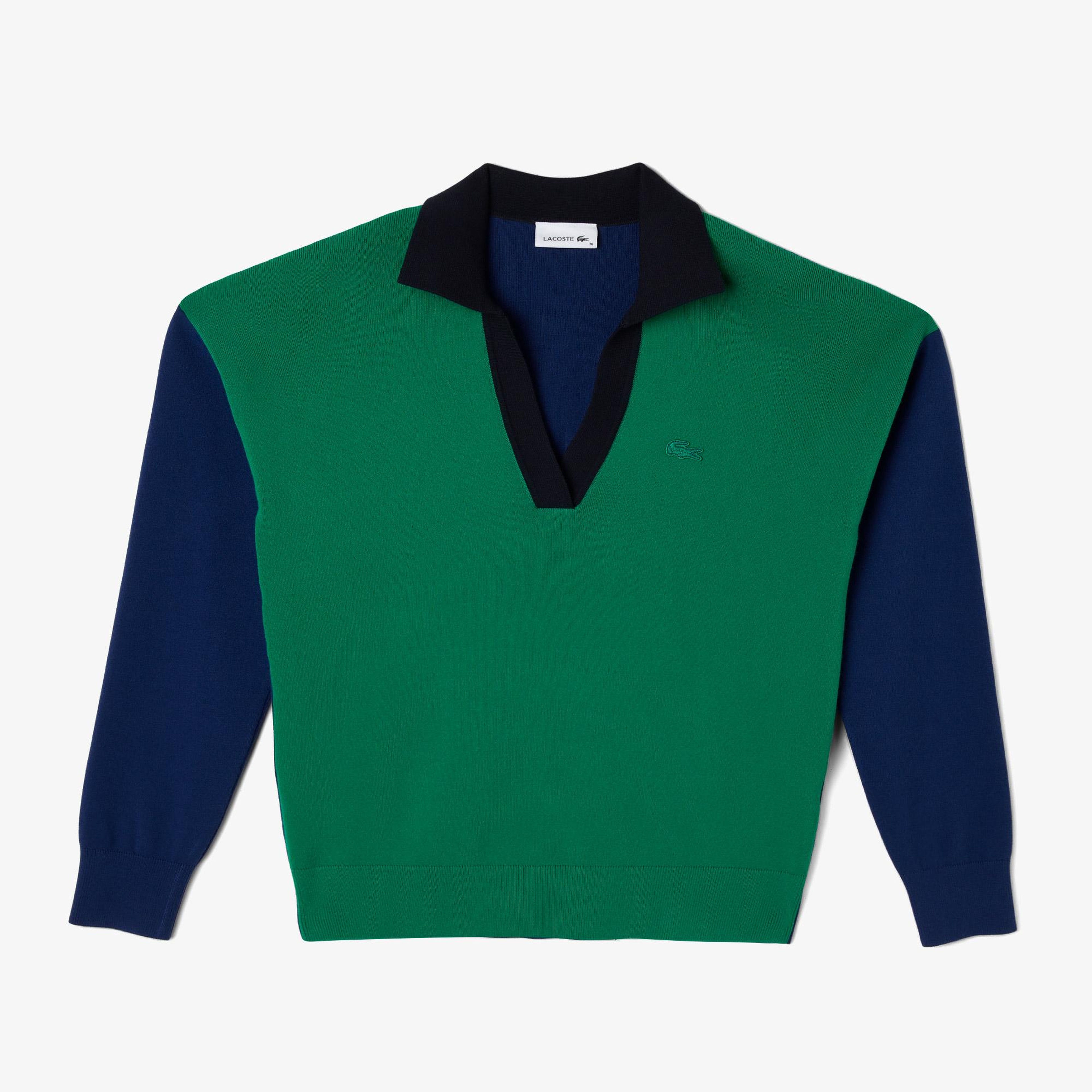 Kadın Regular Fit Polo Yaka Renk Bloklu Yeşil Kazak