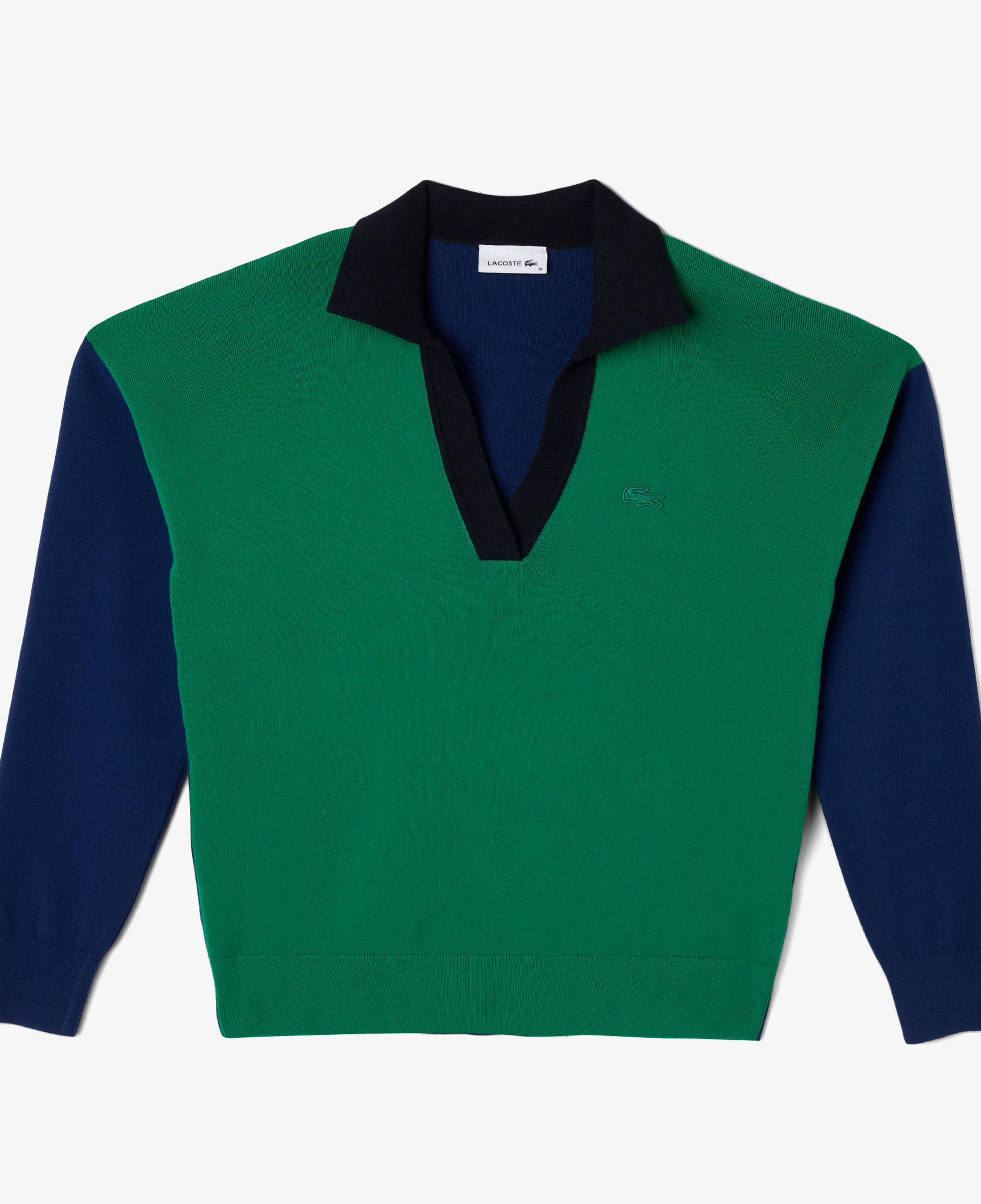 Kadın Regular Fit Polo Yaka Renk Bloklu Yeşil Kazak