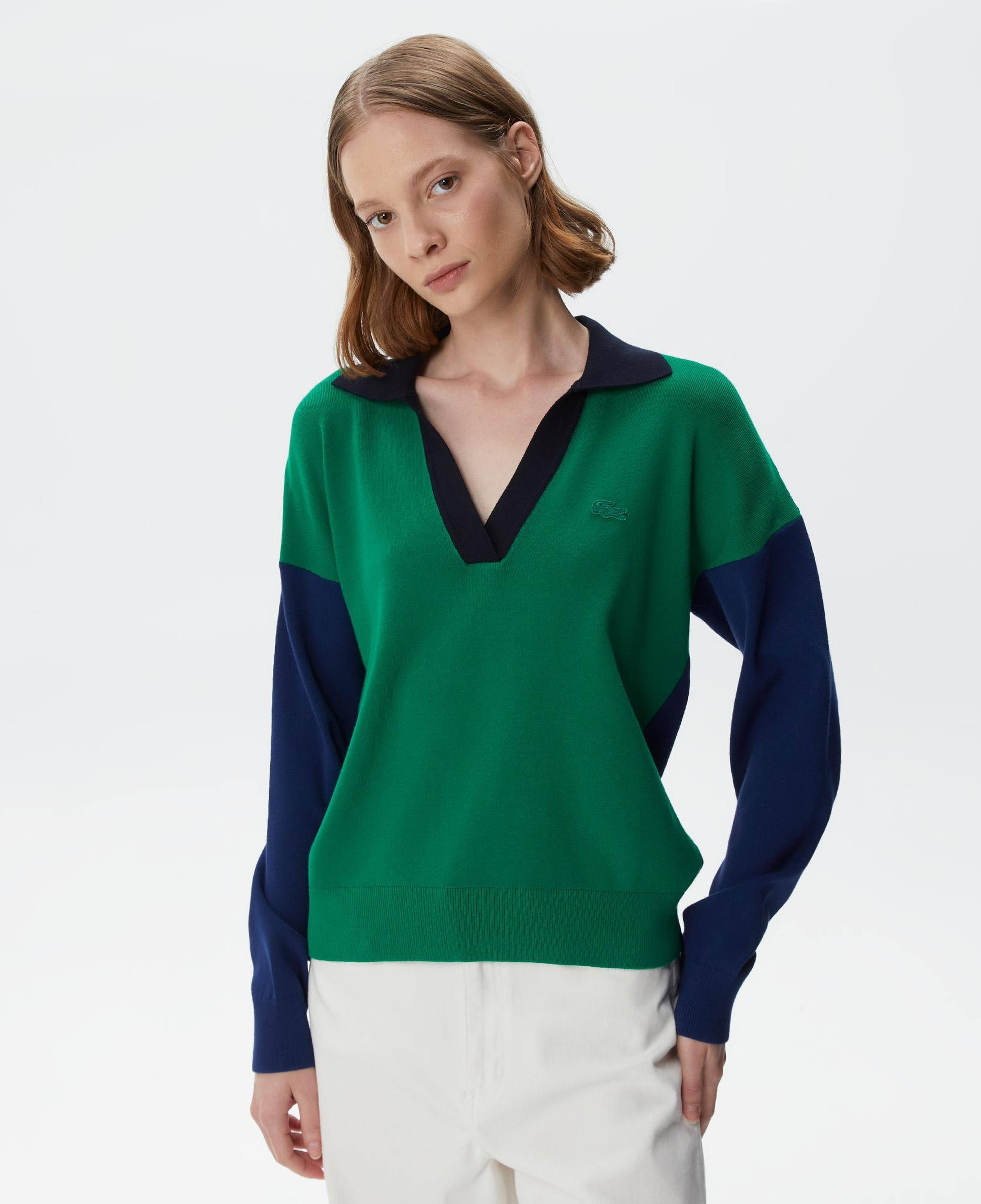 Kadın Regular Fit Polo Yaka Renk Bloklu Yeşil Kazak