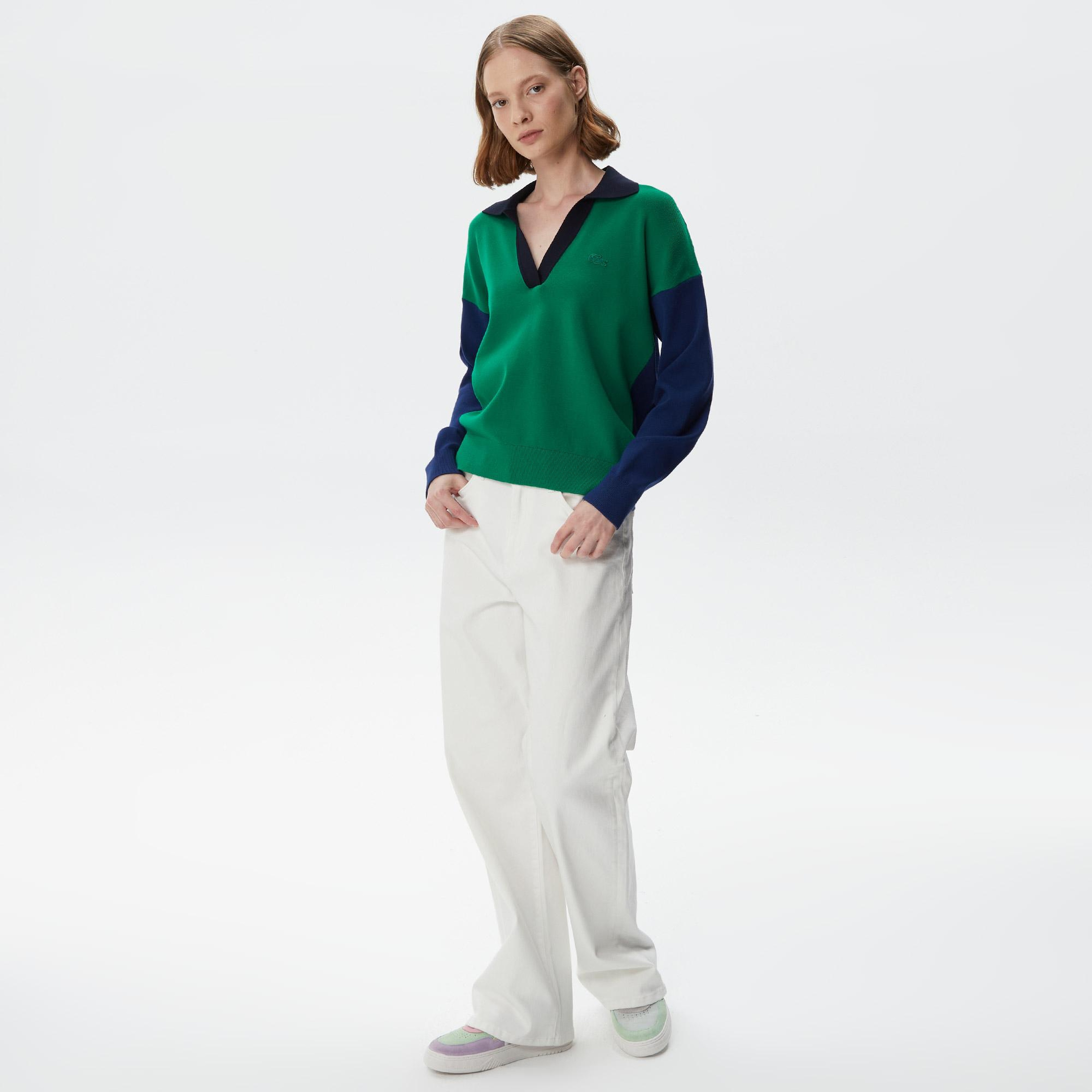Kadın Regular Fit Polo Yaka Renk Bloklu Yeşil Kazak