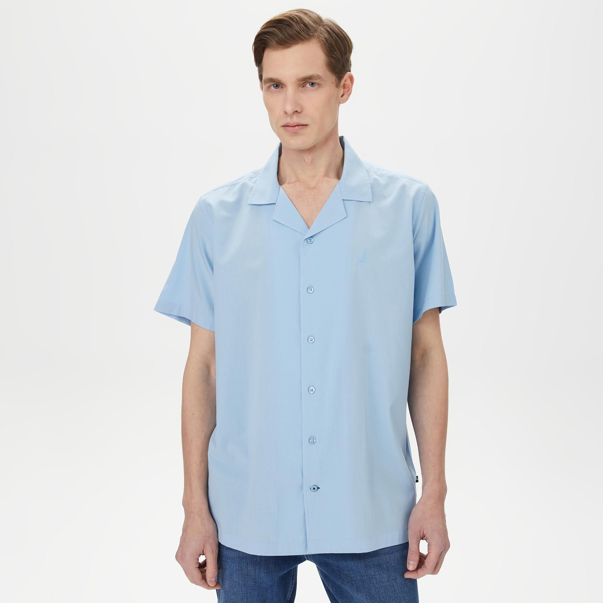 Nautica Erkek Mavi Classic Fit Kısa Kollu Modal Karışımlı Gömlek