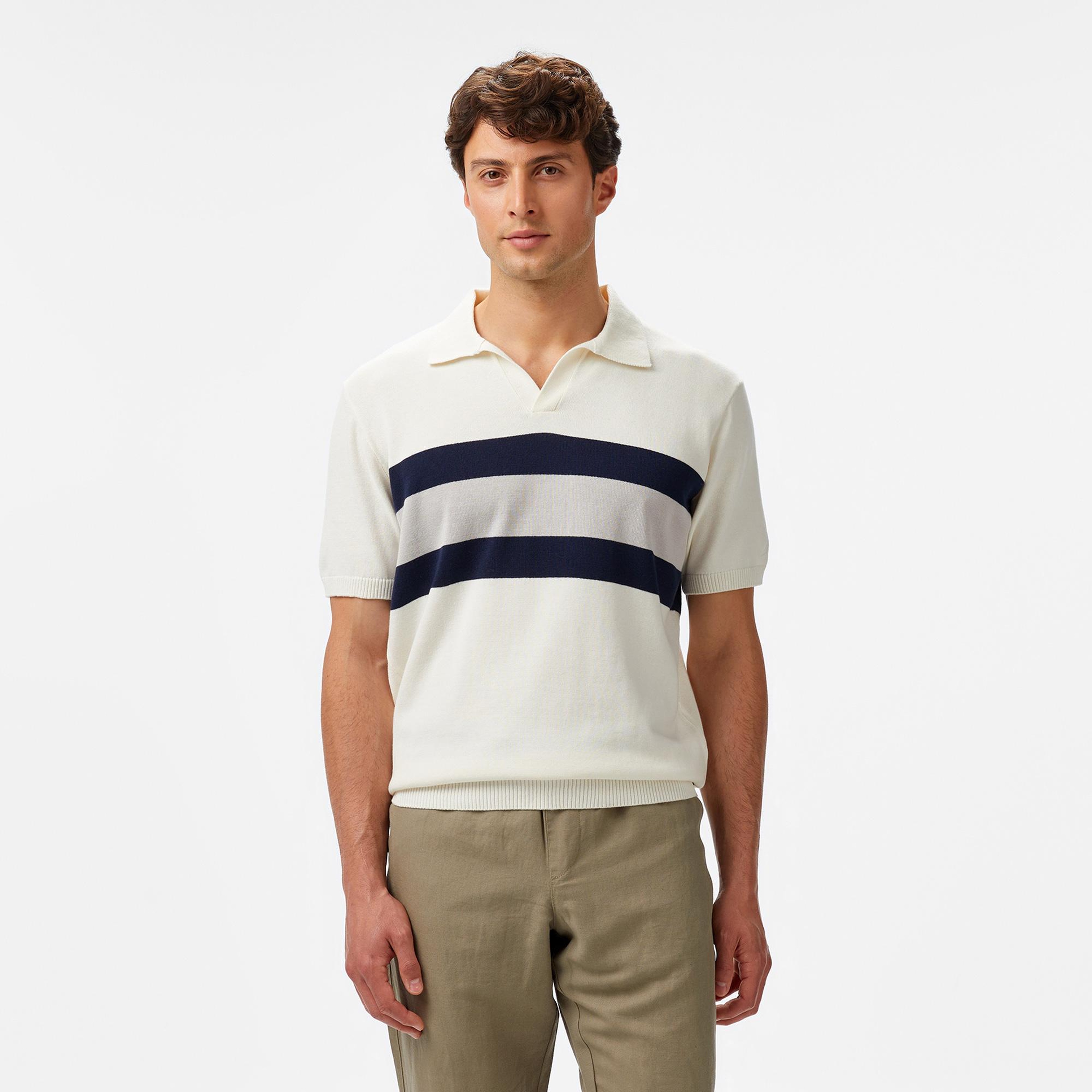 Nautica Erkek Krem Classic Fit Kısa Kollu Çizgili Triko