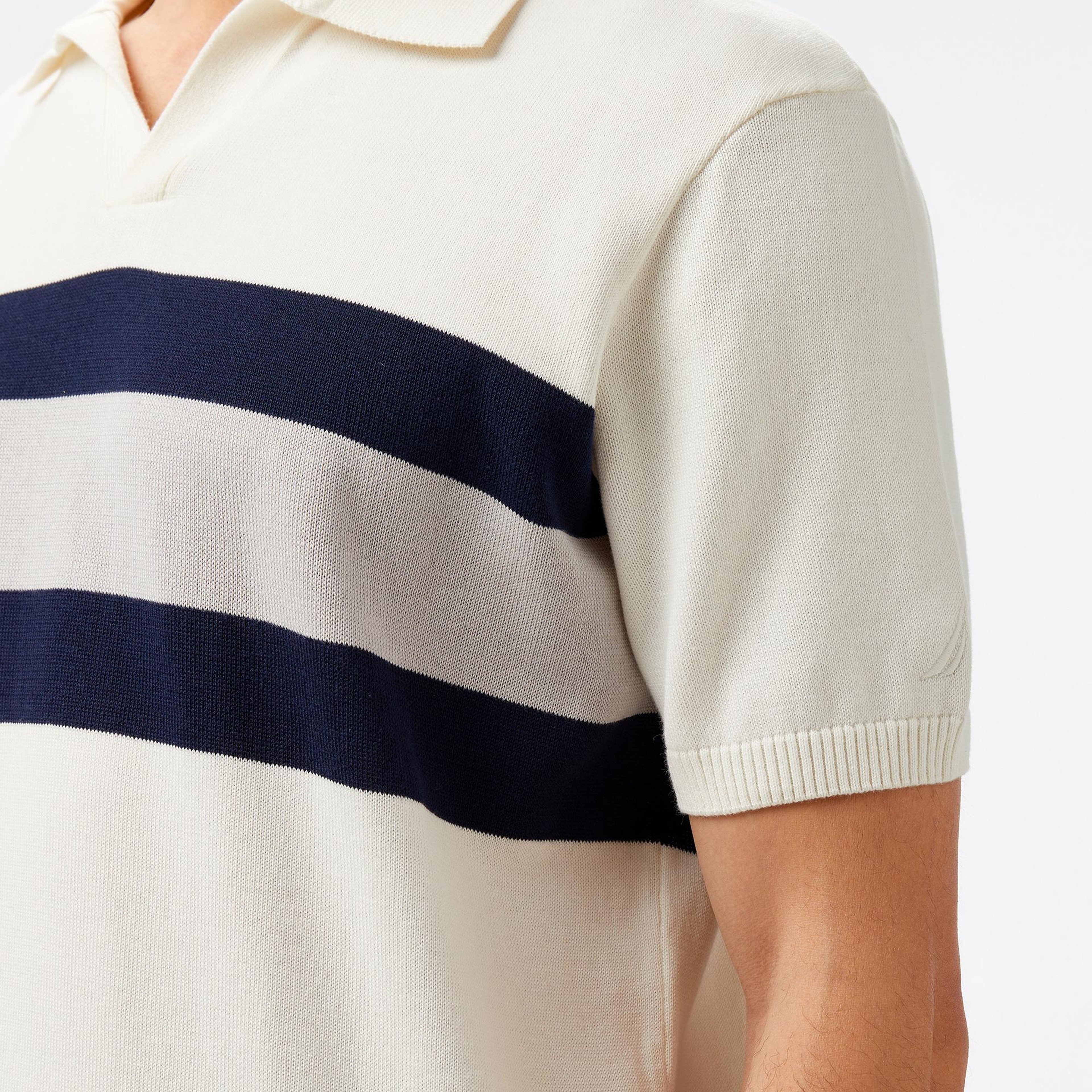 Nautica Erkek Krem Classic Fit Kısa Kollu Çizgili Triko