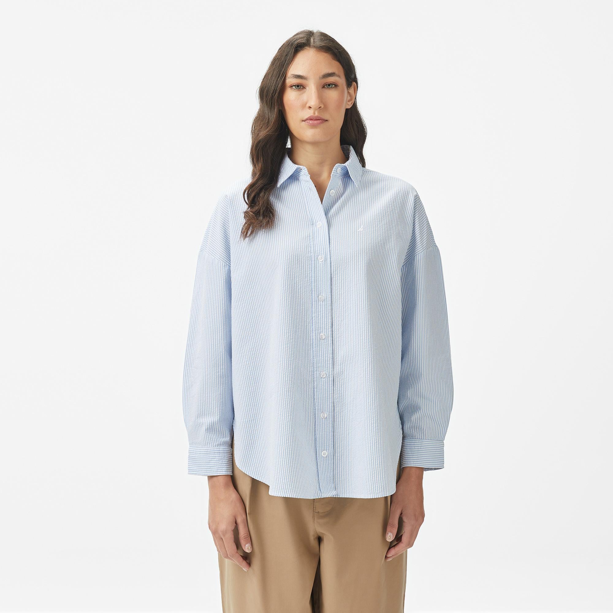 Nautica Kadın Mavi Regular Fit Çizgili Gömlek
