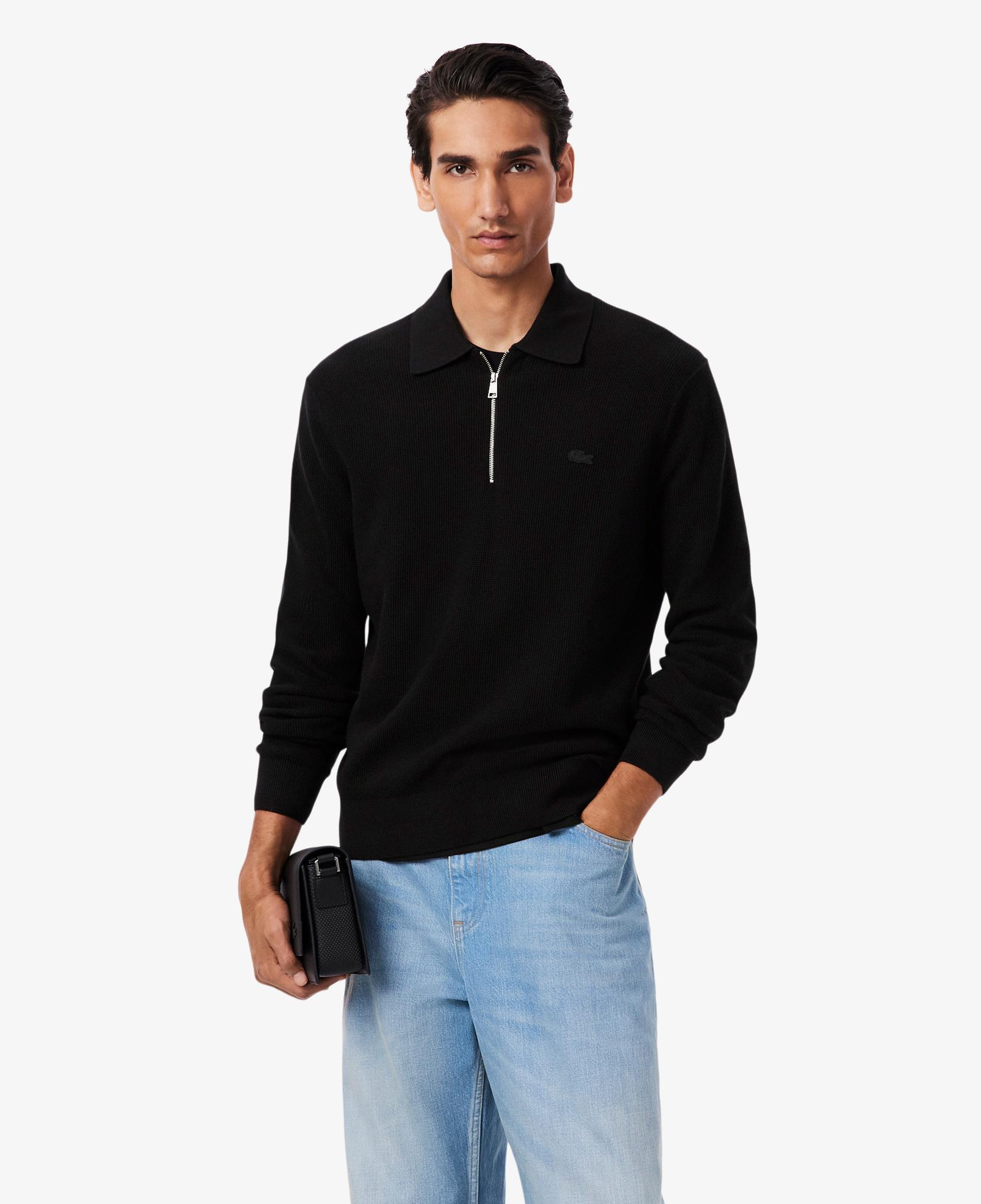 Erkek Classic Fit Yarım Fermuarlı Siyah Yün Karışımlı Kazak