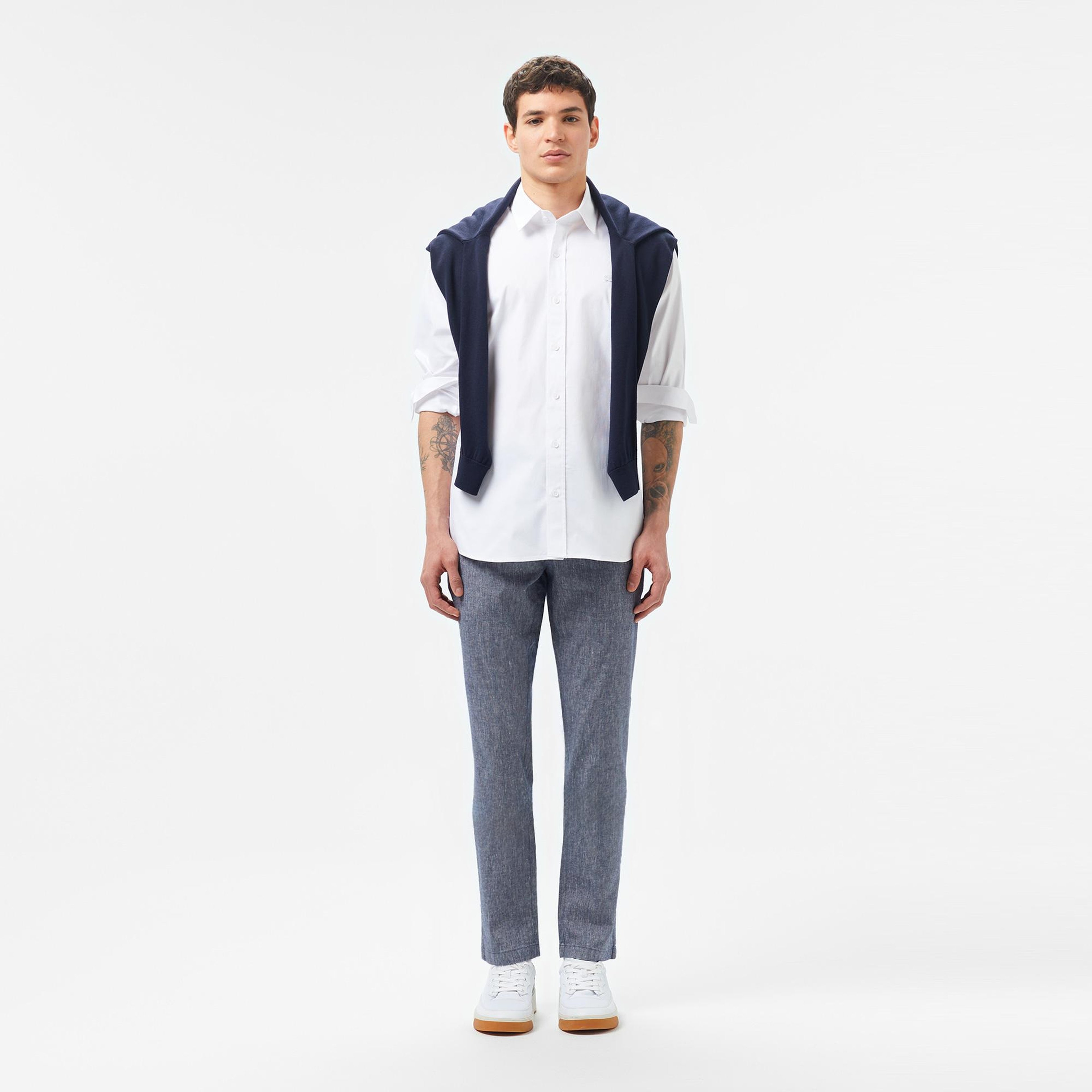 Erkek Slim Fit Lacivert Keten Karışımlı Pantolon