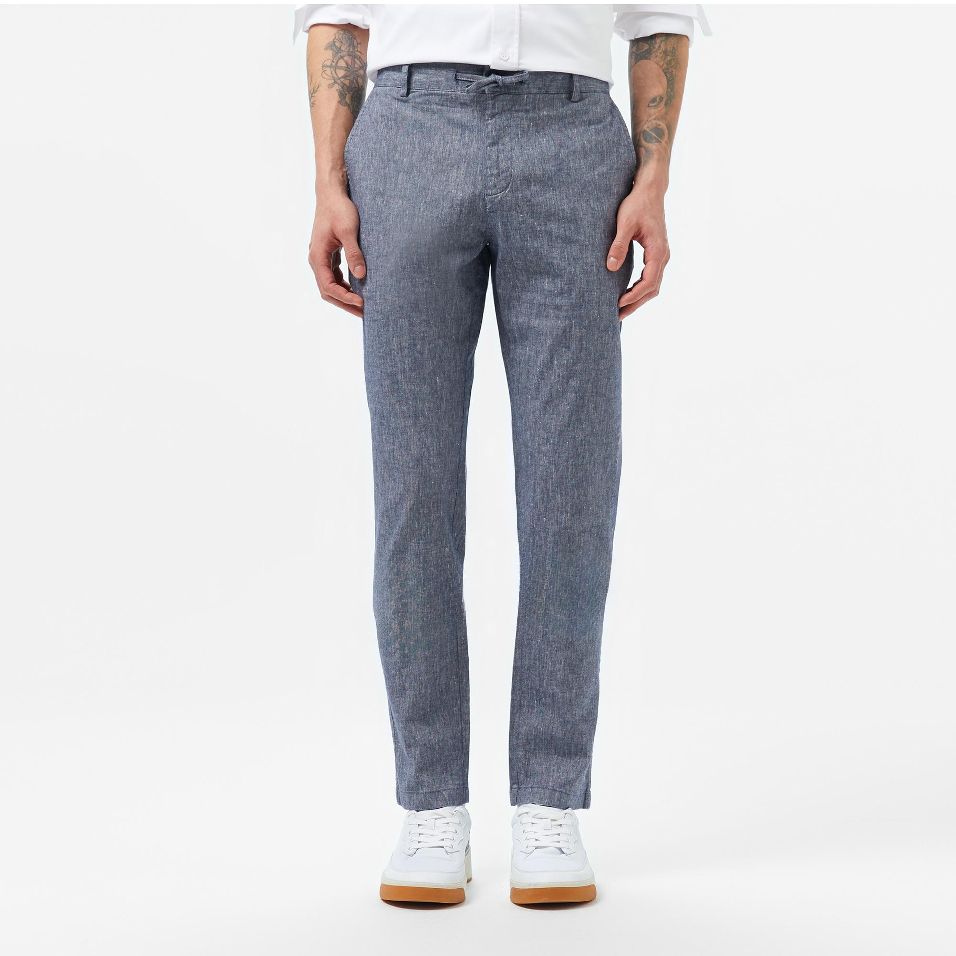 Erkek Slim Fit Lacivert Keten Karışımlı Pantolon
