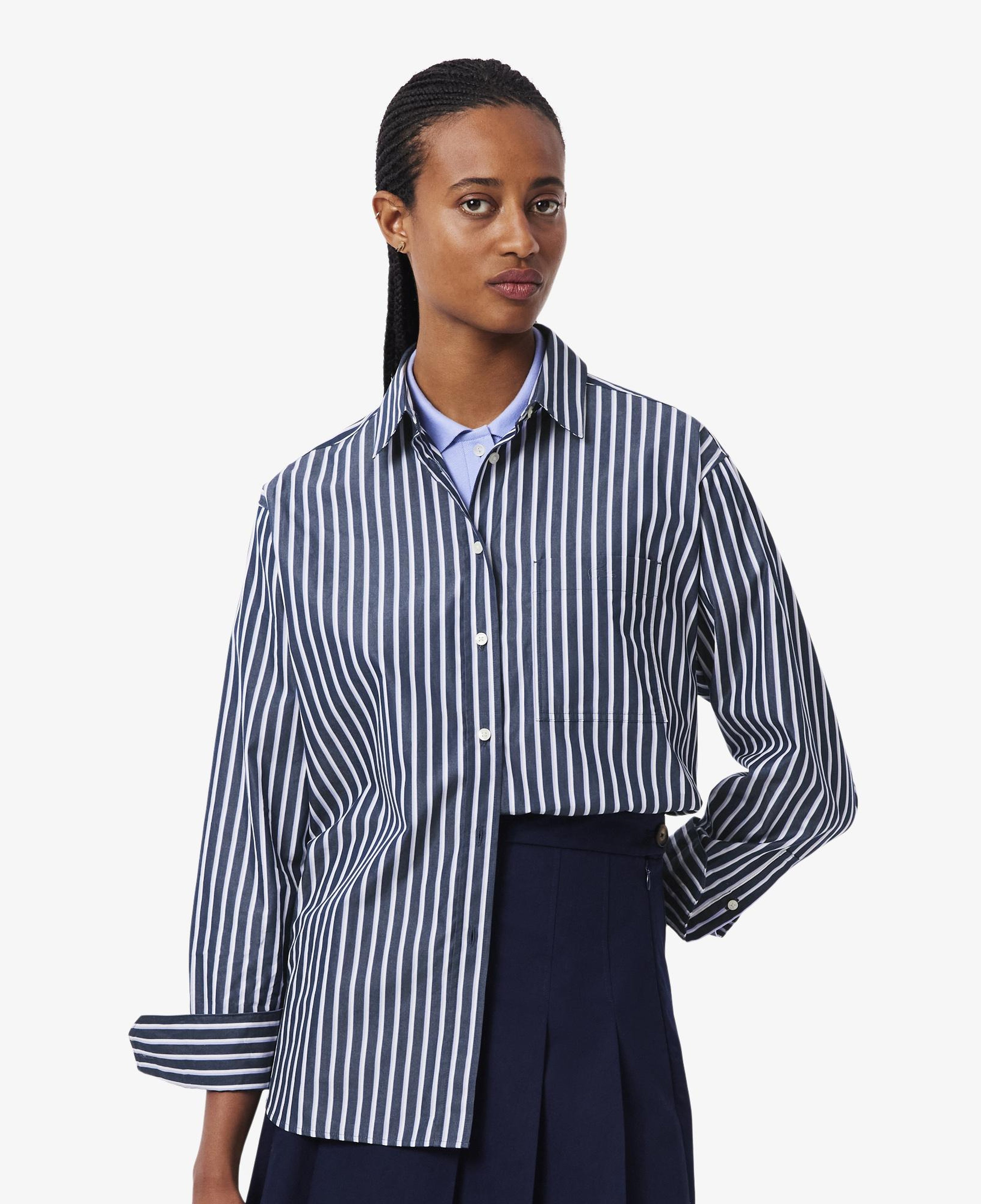 Kadın Oversize Fit Düğmesiz Yaka Çizgili Lacivert Gömlek