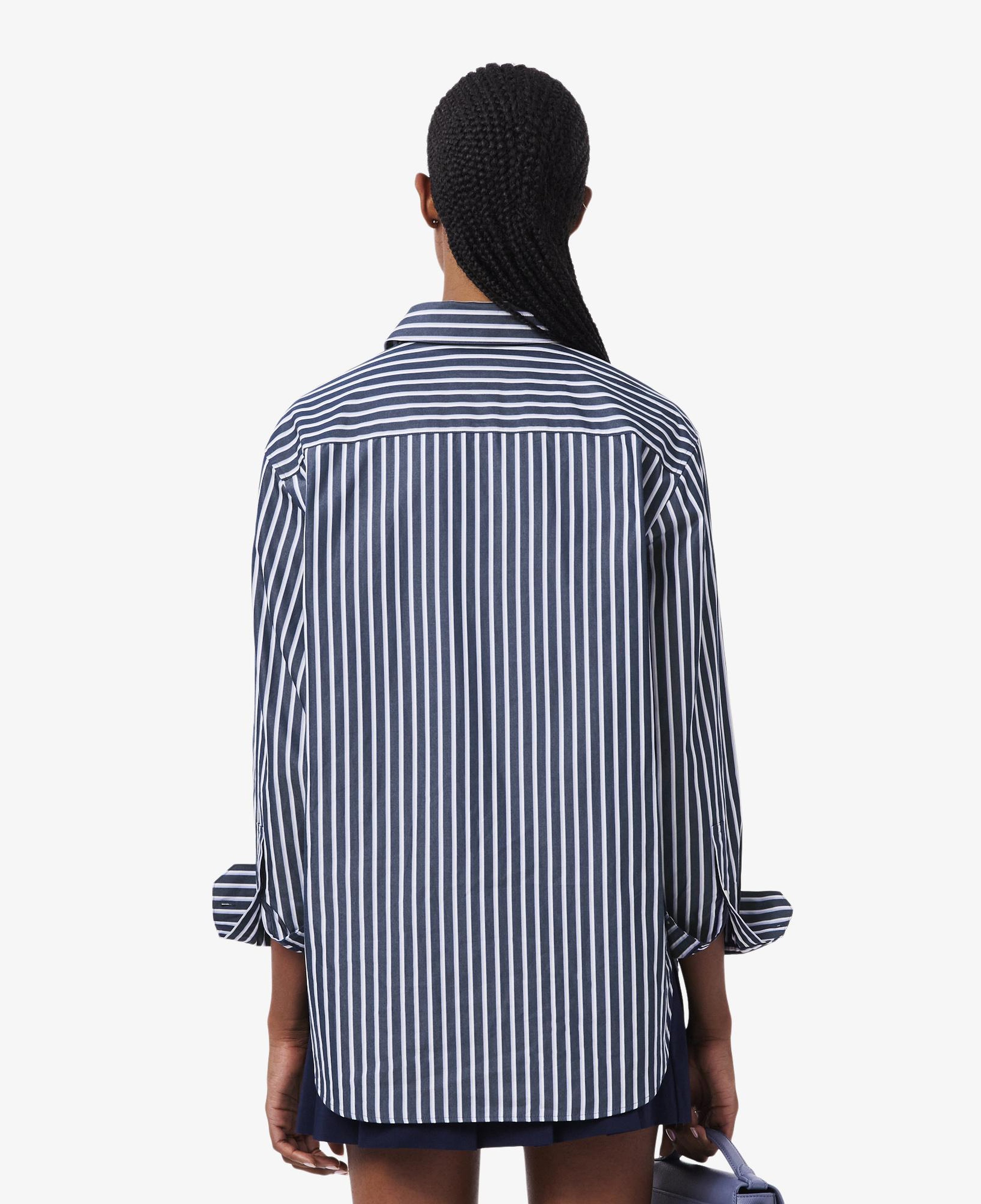 Kadın Oversize Fit Düğmesiz Yaka Çizgili Lacivert Gömlek