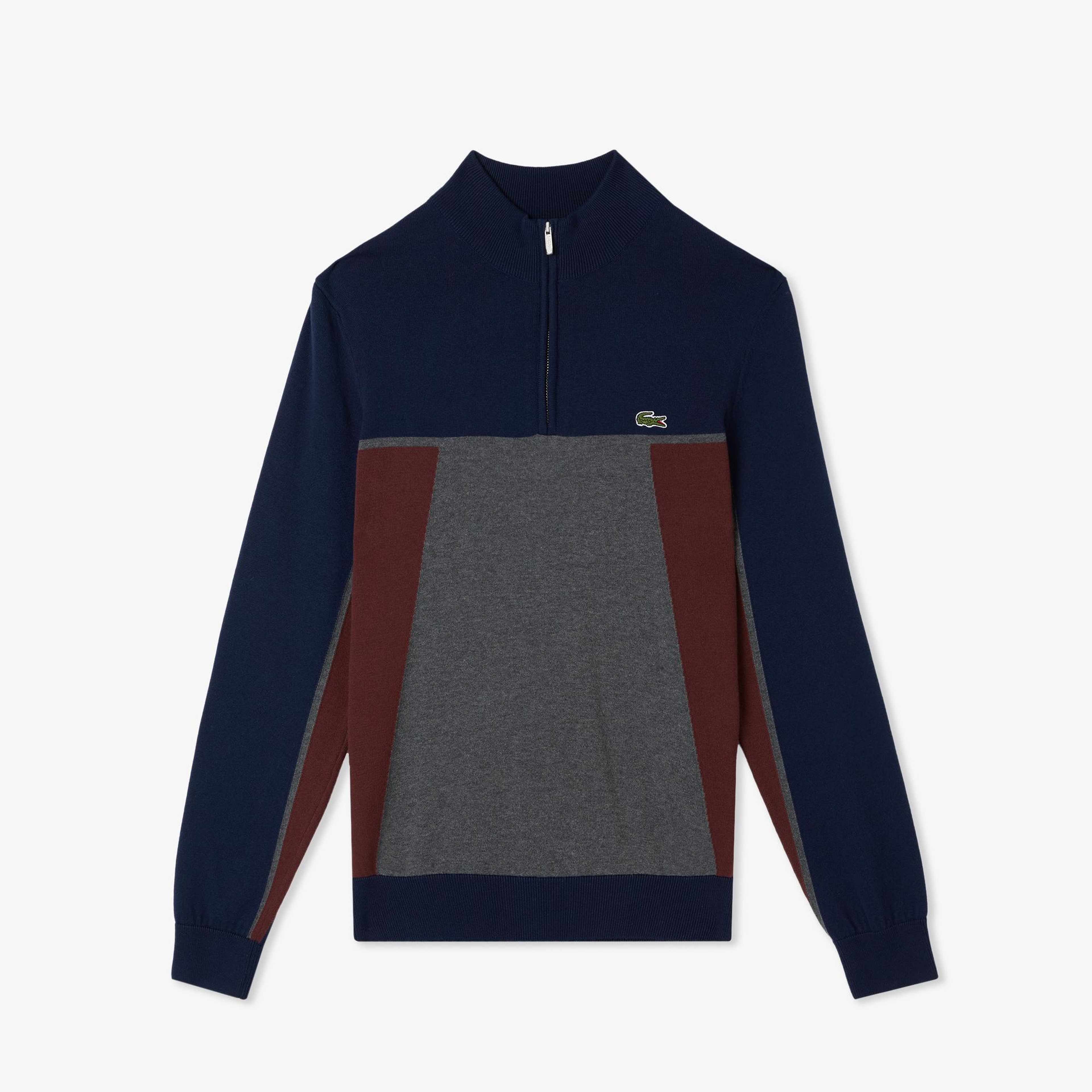 Erkek Relaxed Fit Yarım Fermuarlı Renk Bloklu Lacivert Kazak